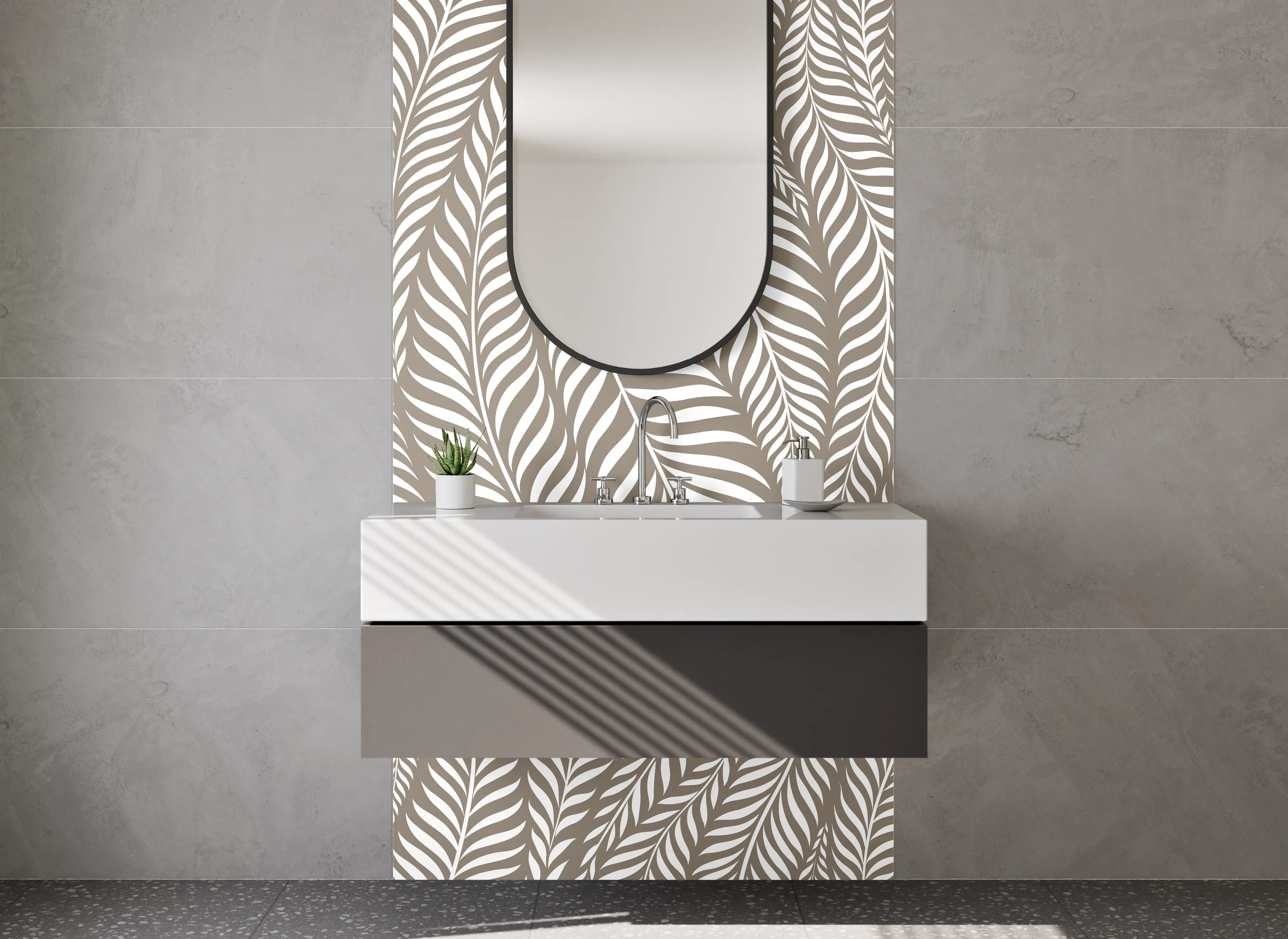 Waschbecken-Rückwand - Modernes Blättermuster Beige Weiß