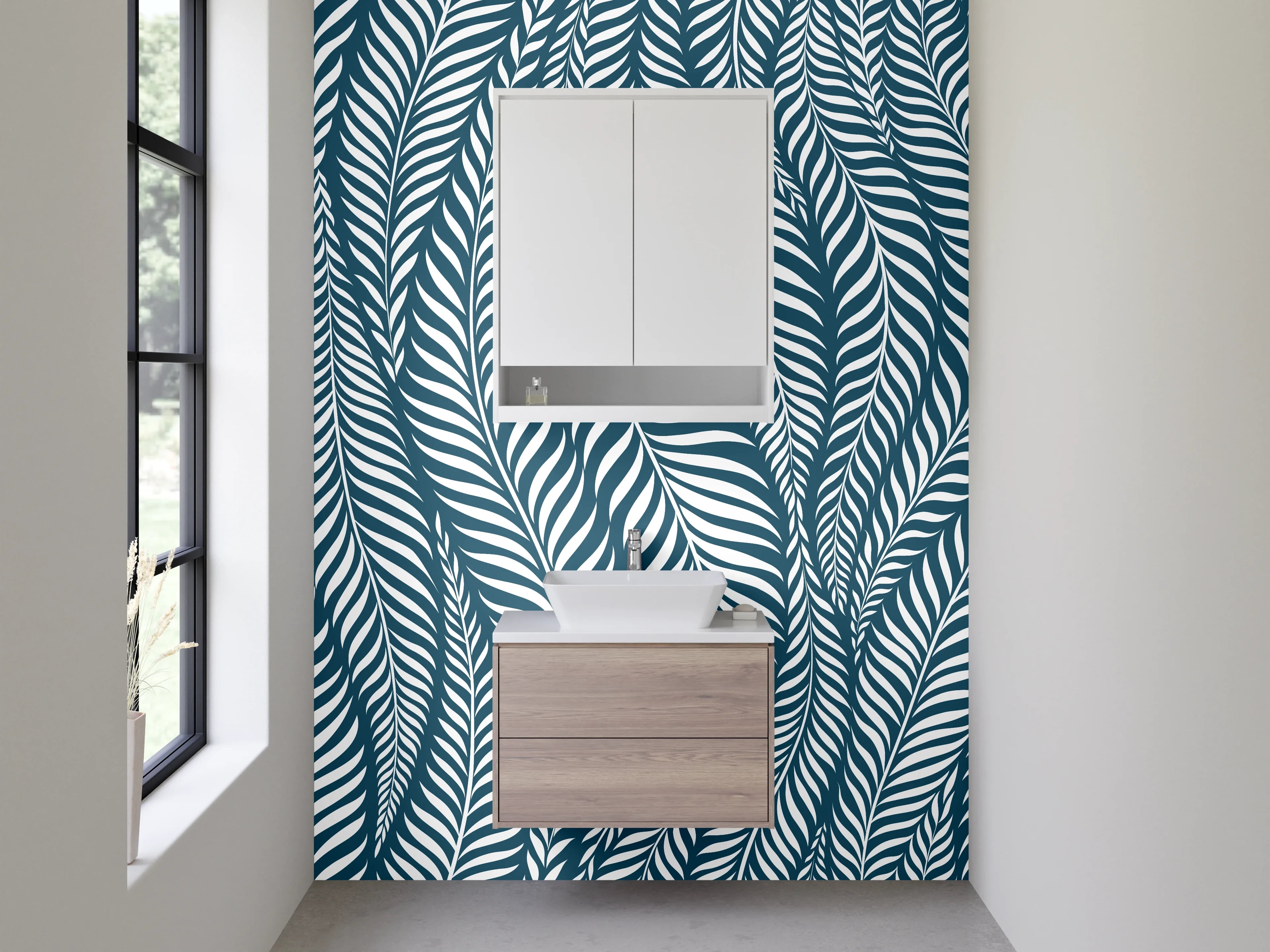 Waschbecken-Rückwand - Modernes Blättermuster in Blau Weiß