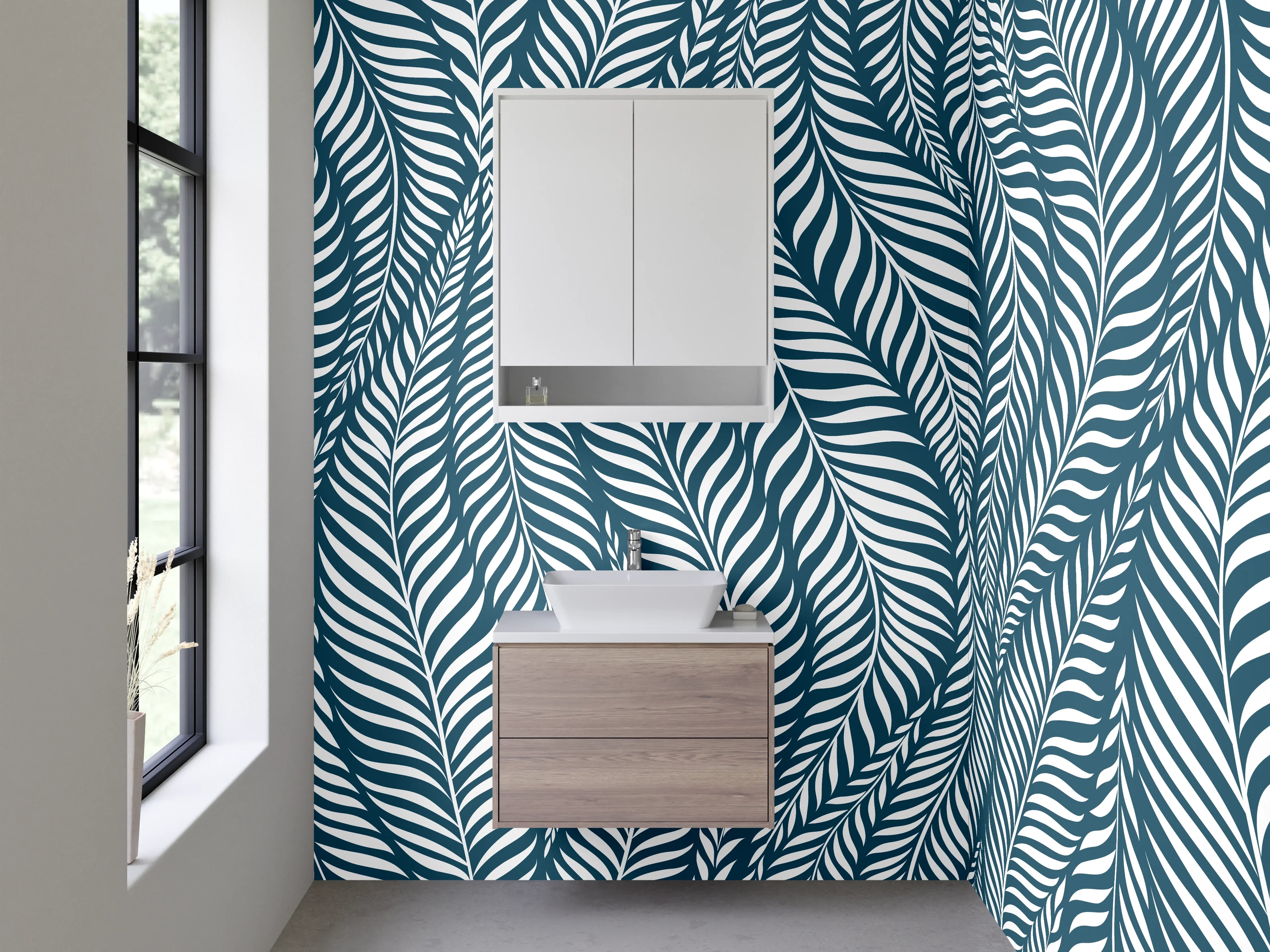 Waschbecken-Rückwand - Modernes Blättermuster in Blau Weiß