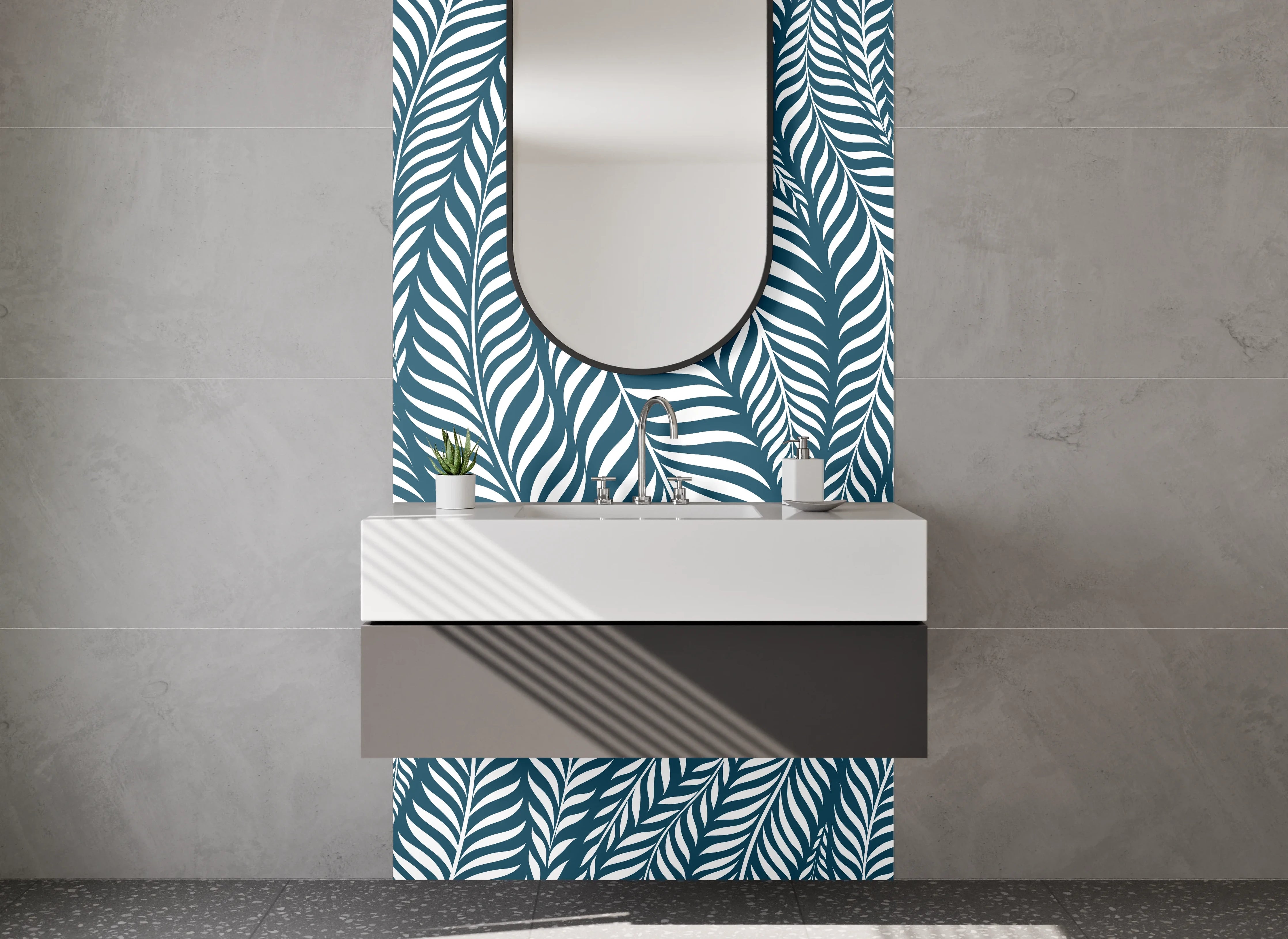 Waschbecken-Rückwand - Modernes Blättermuster in Blau Weiß