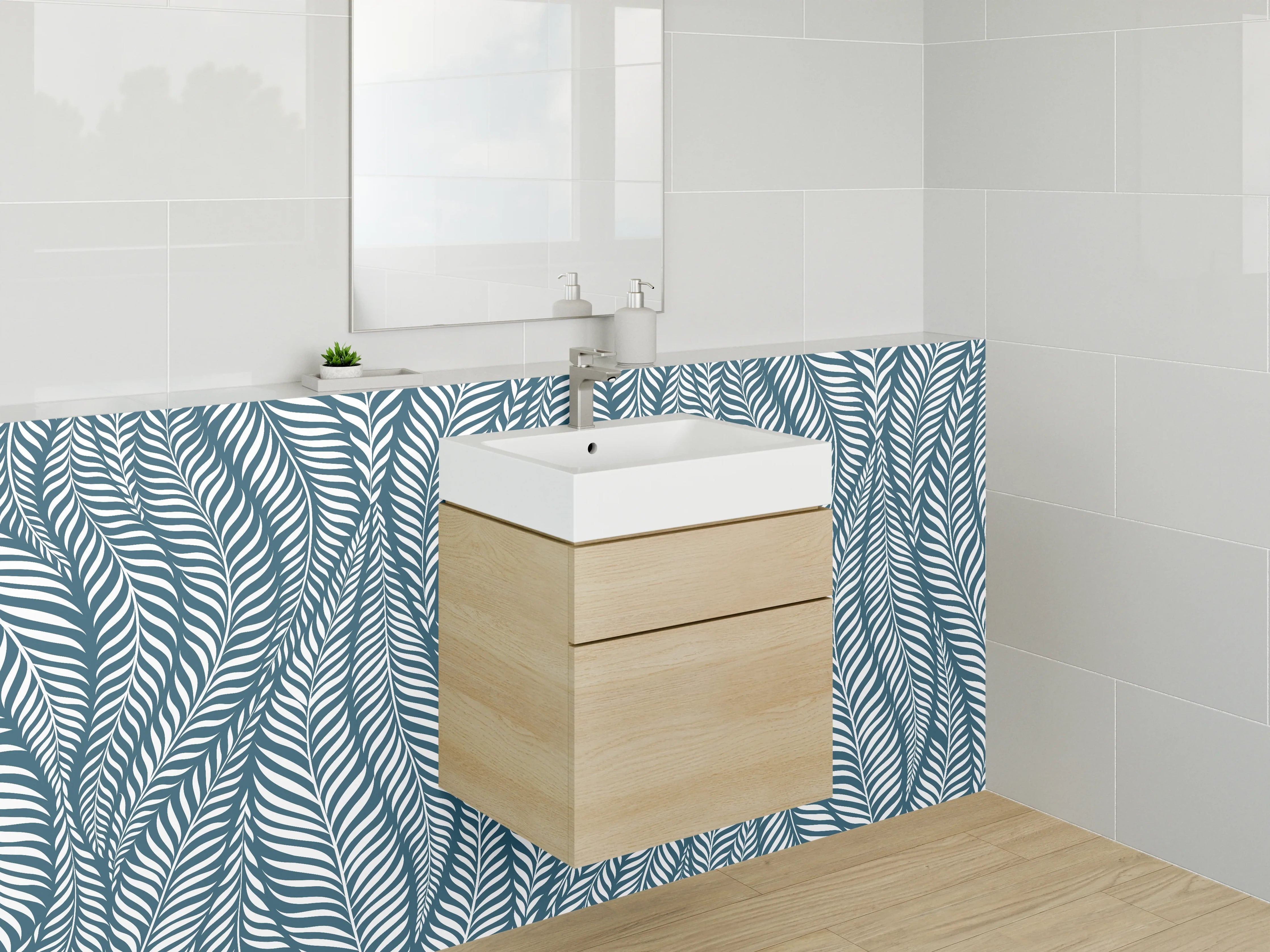 Waschbecken-Rückwand - Modernes Blättermuster in Blau Weiß