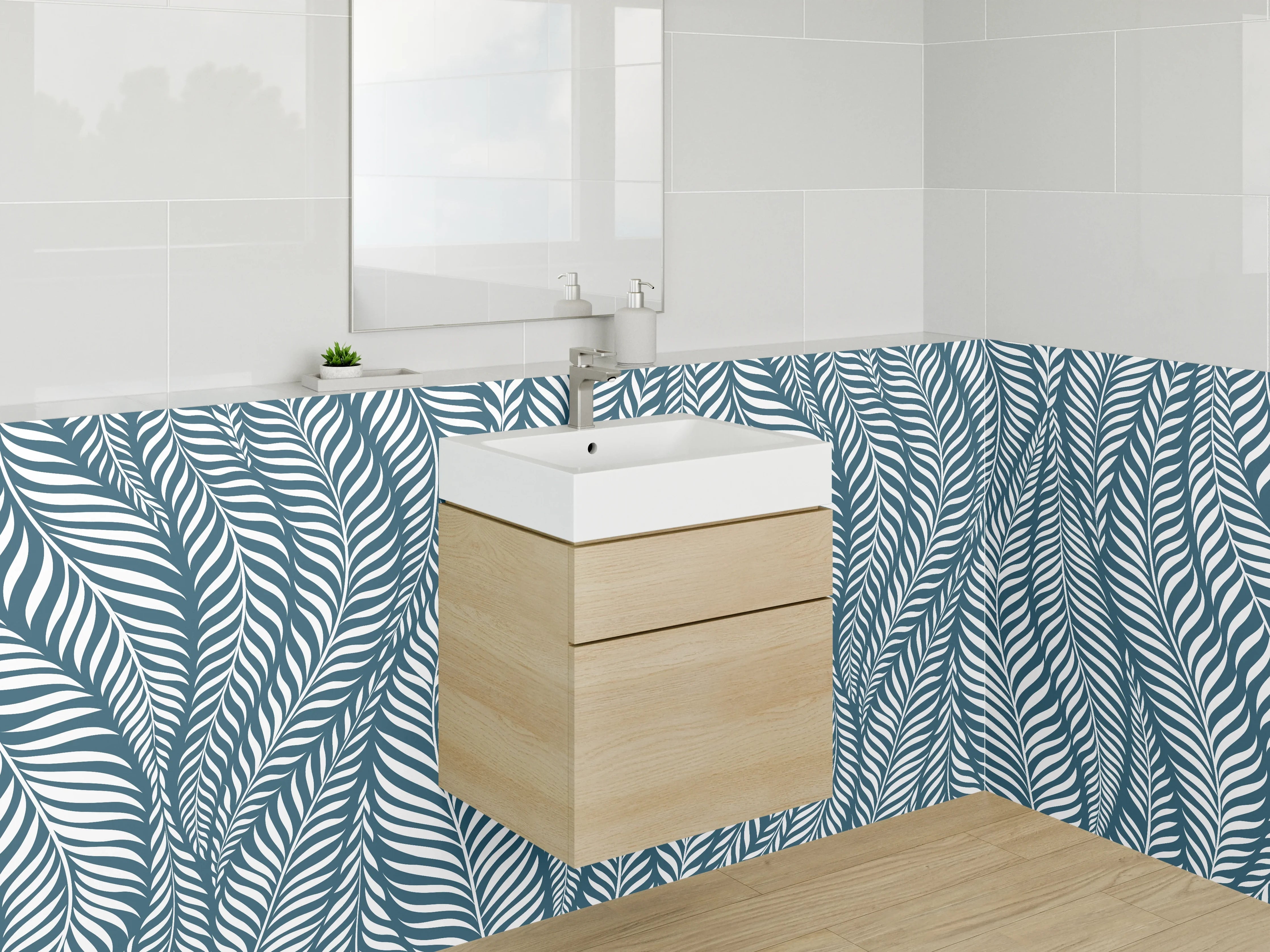 Waschbecken-Rückwand - Modernes Blättermuster in Blau Weiß