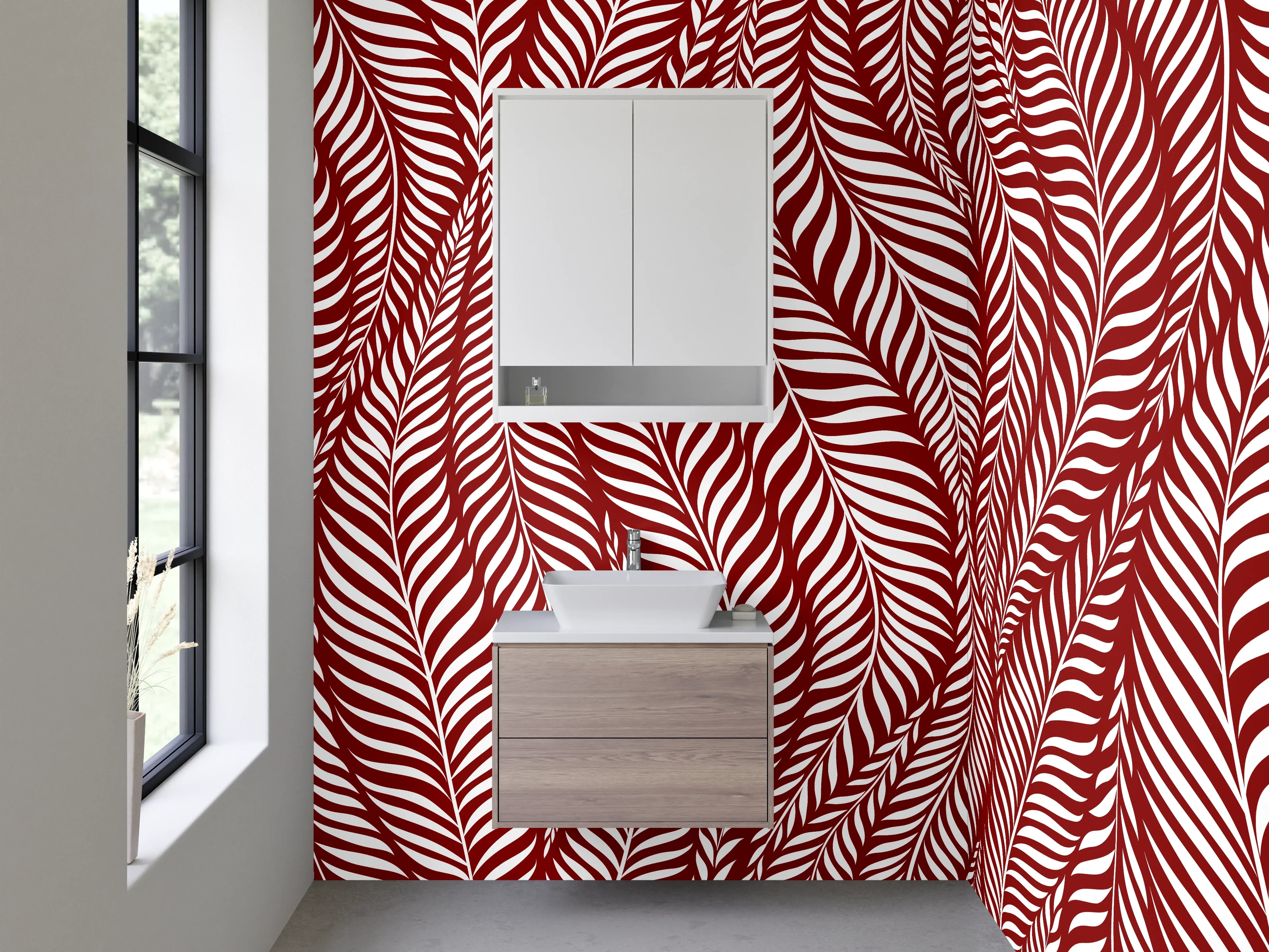 Waschbecken-Rückwand - Modernes Blättermuster in Rot Weiß