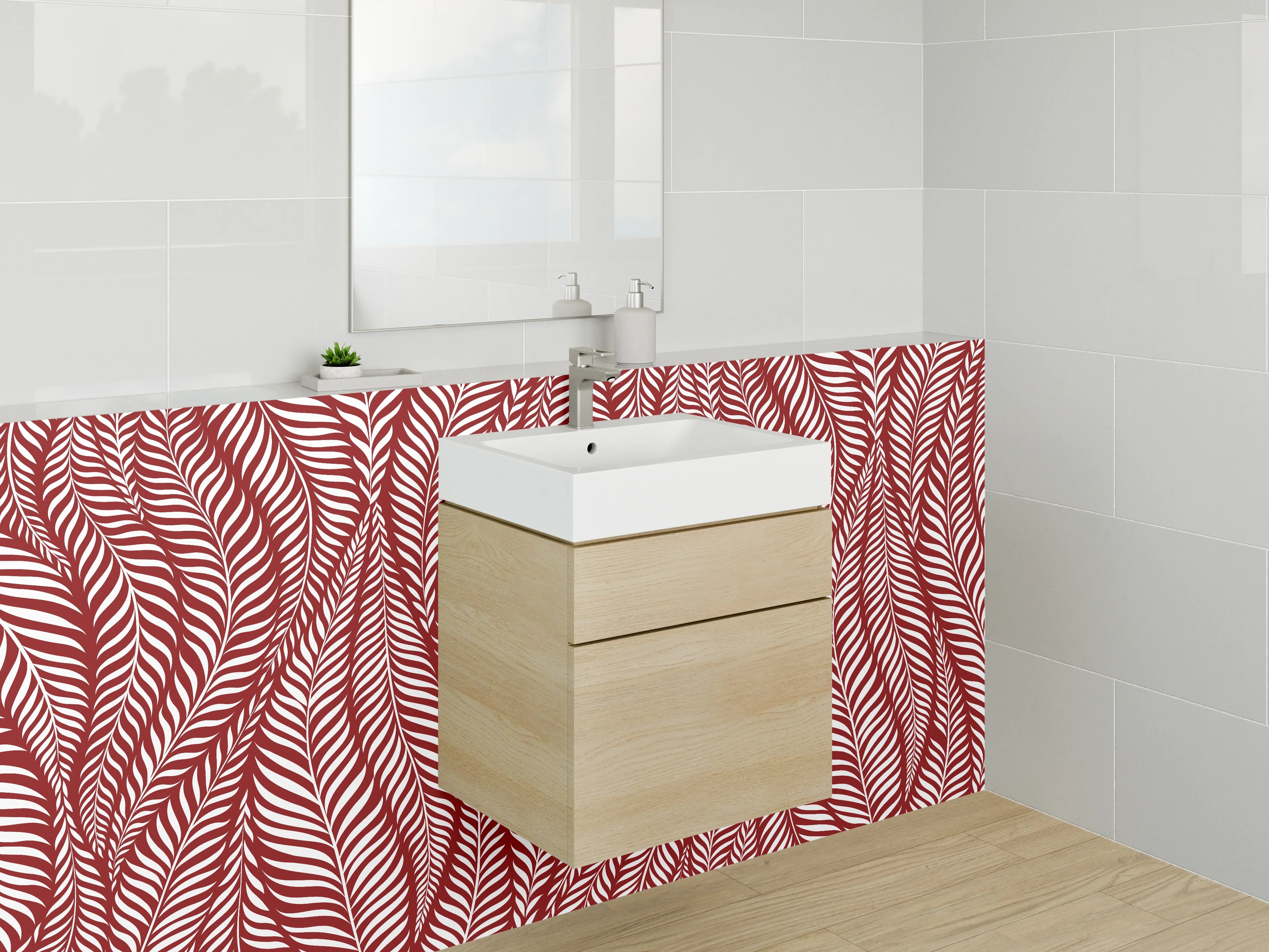 Waschbecken-Rückwand - Modernes Blättermuster in Rot Weiß