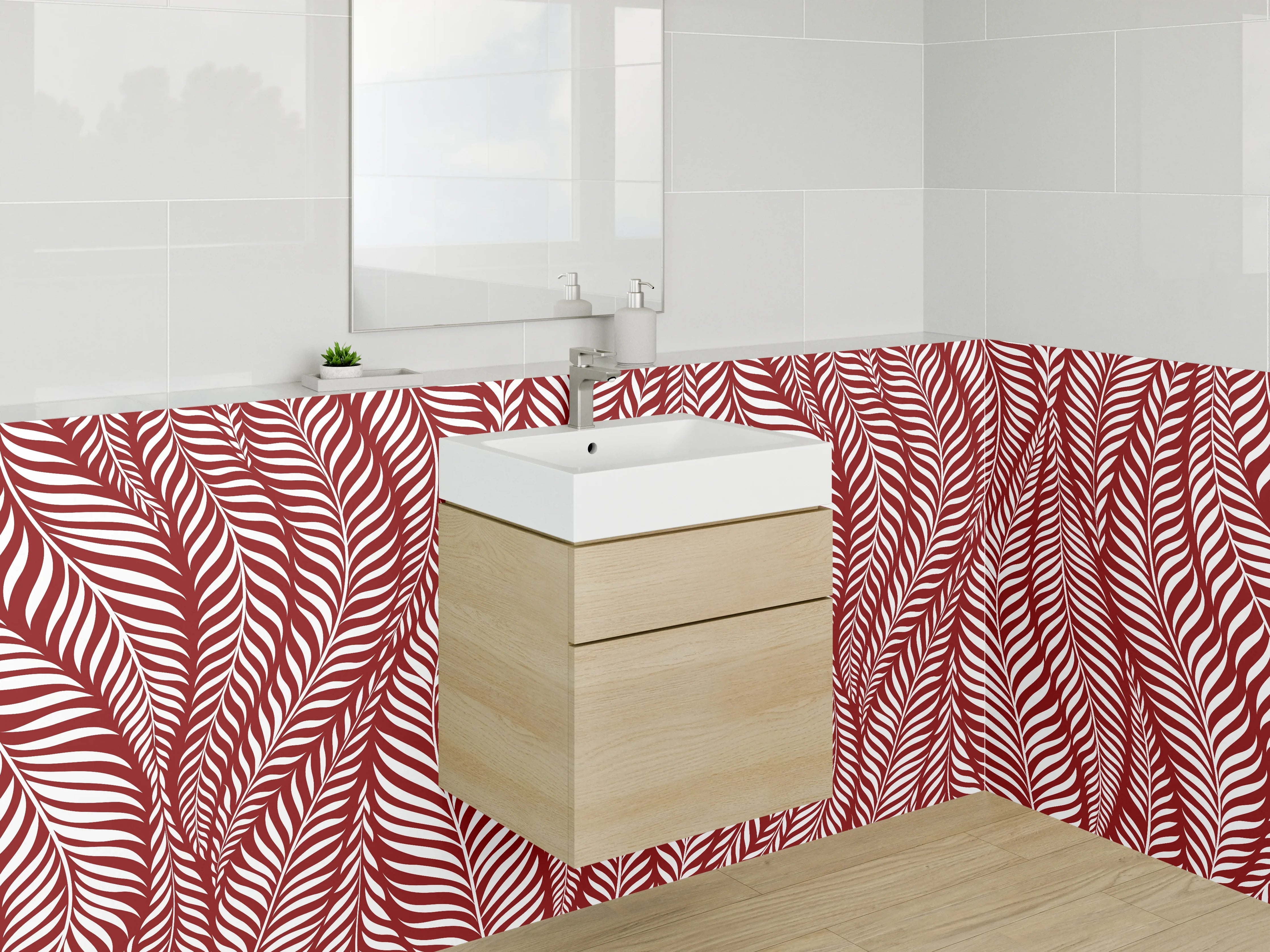 Waschbecken-Rückwand - Modernes Blättermuster in Rot Weiß