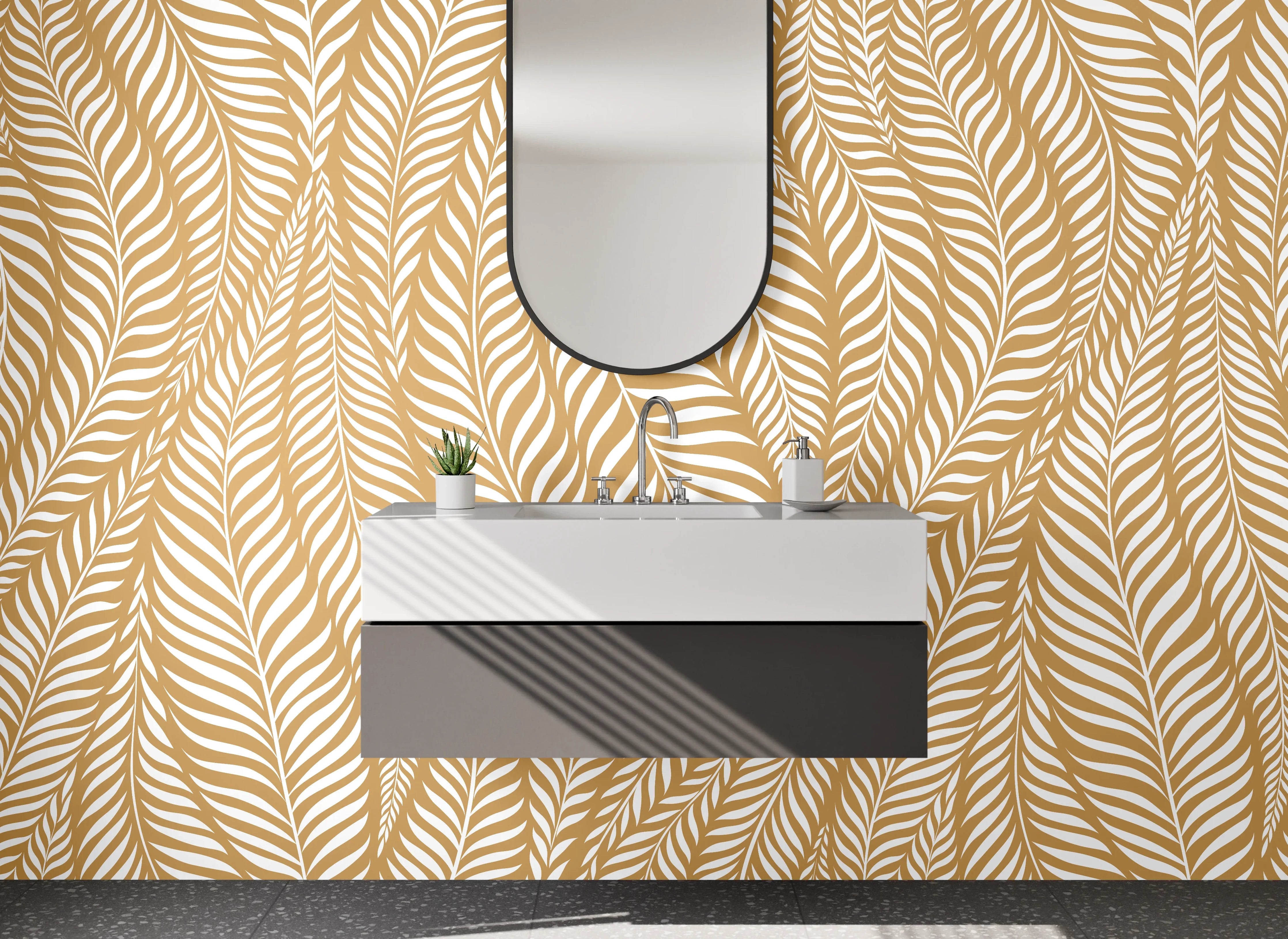 Waschbecken-Rückwand - Modernes Blattmuster Gold Beige Weiß