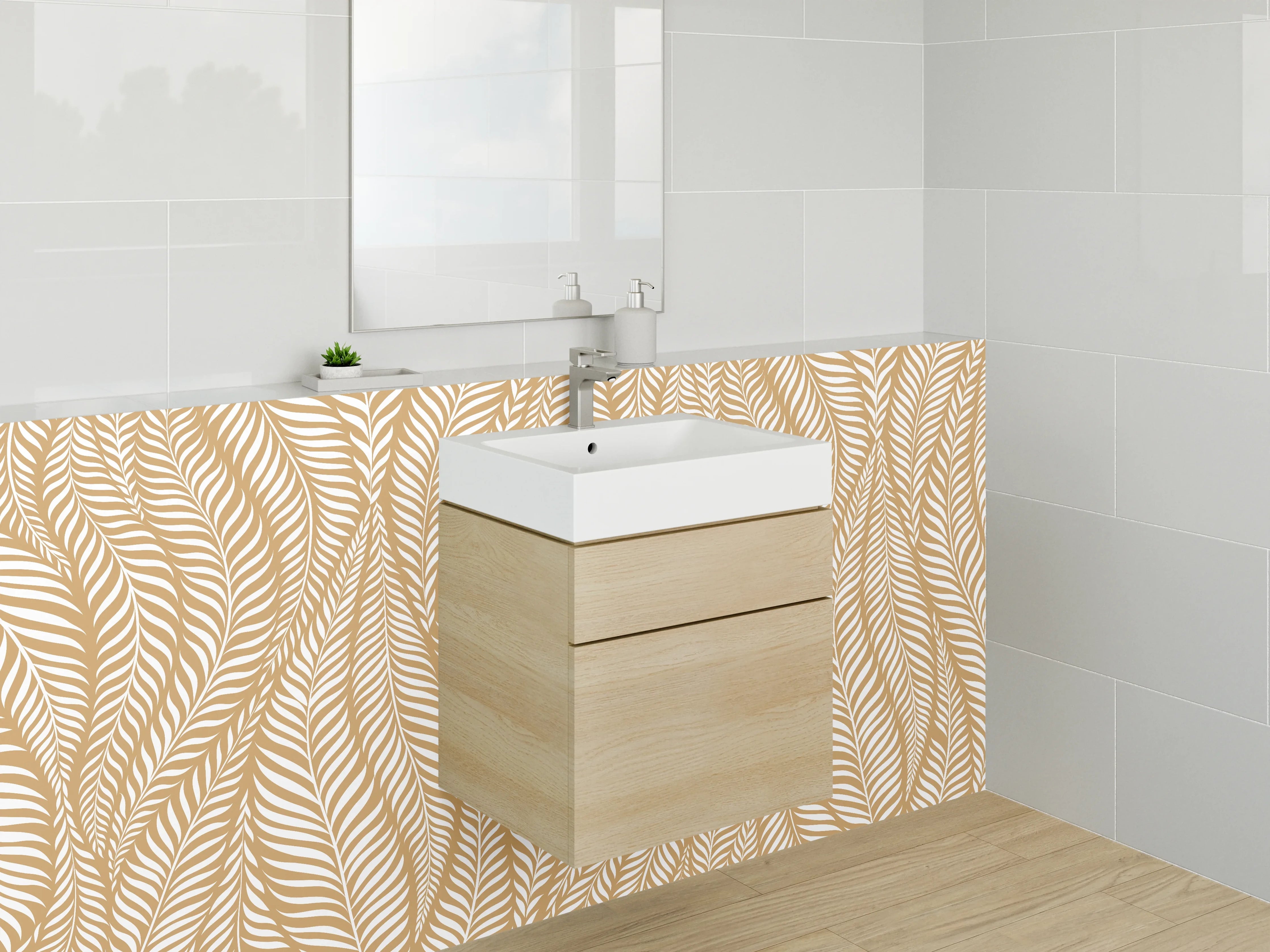 Waschbecken-Rückwand - Modernes Blattmuster Gold Beige Weiß
