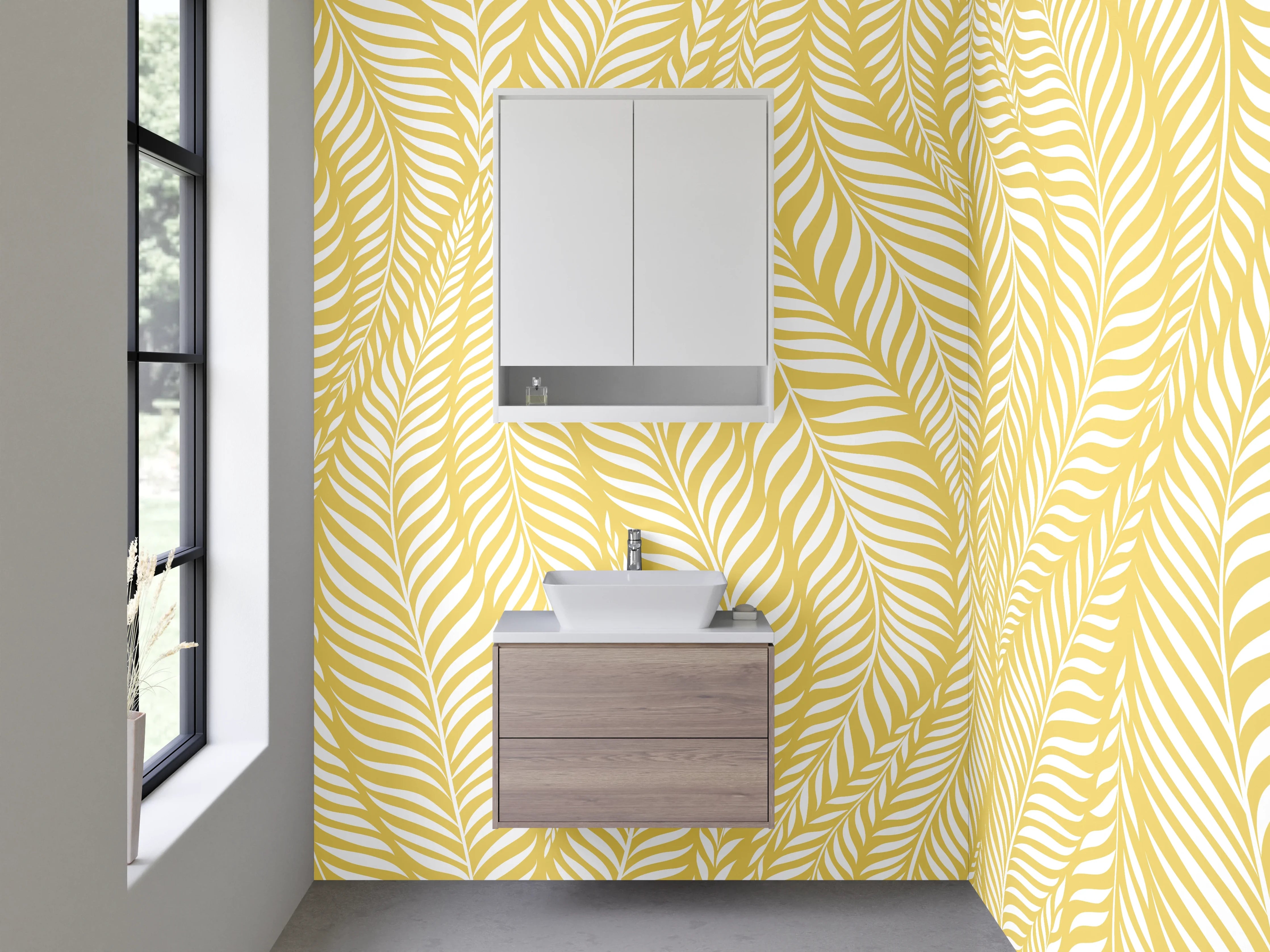 Waschbecken-Rückwand - Modernes Blattmuster gelb-weiß