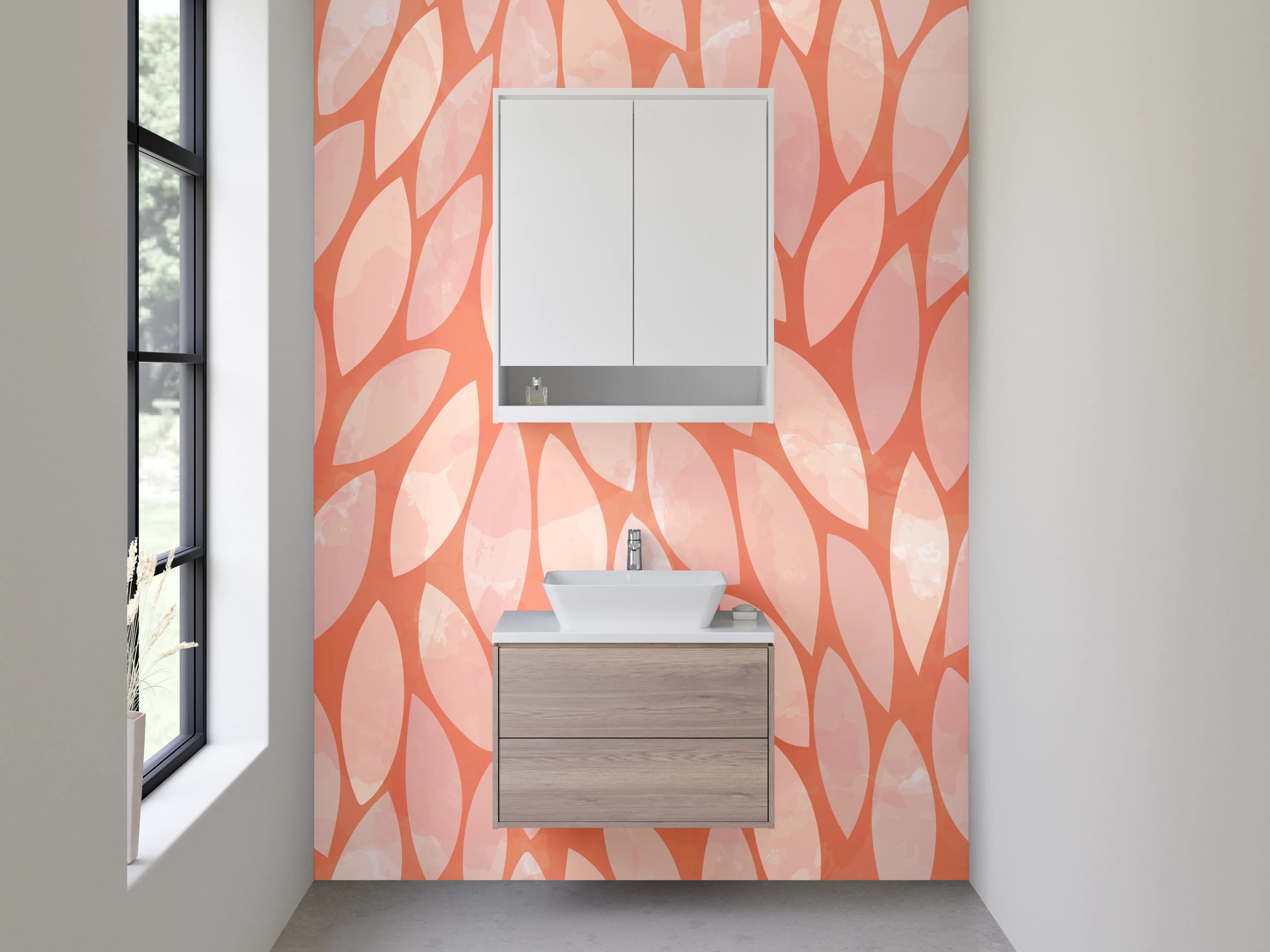 Waschbecken-Rückwand - Modernes Blattmuster in Rosa-Orange