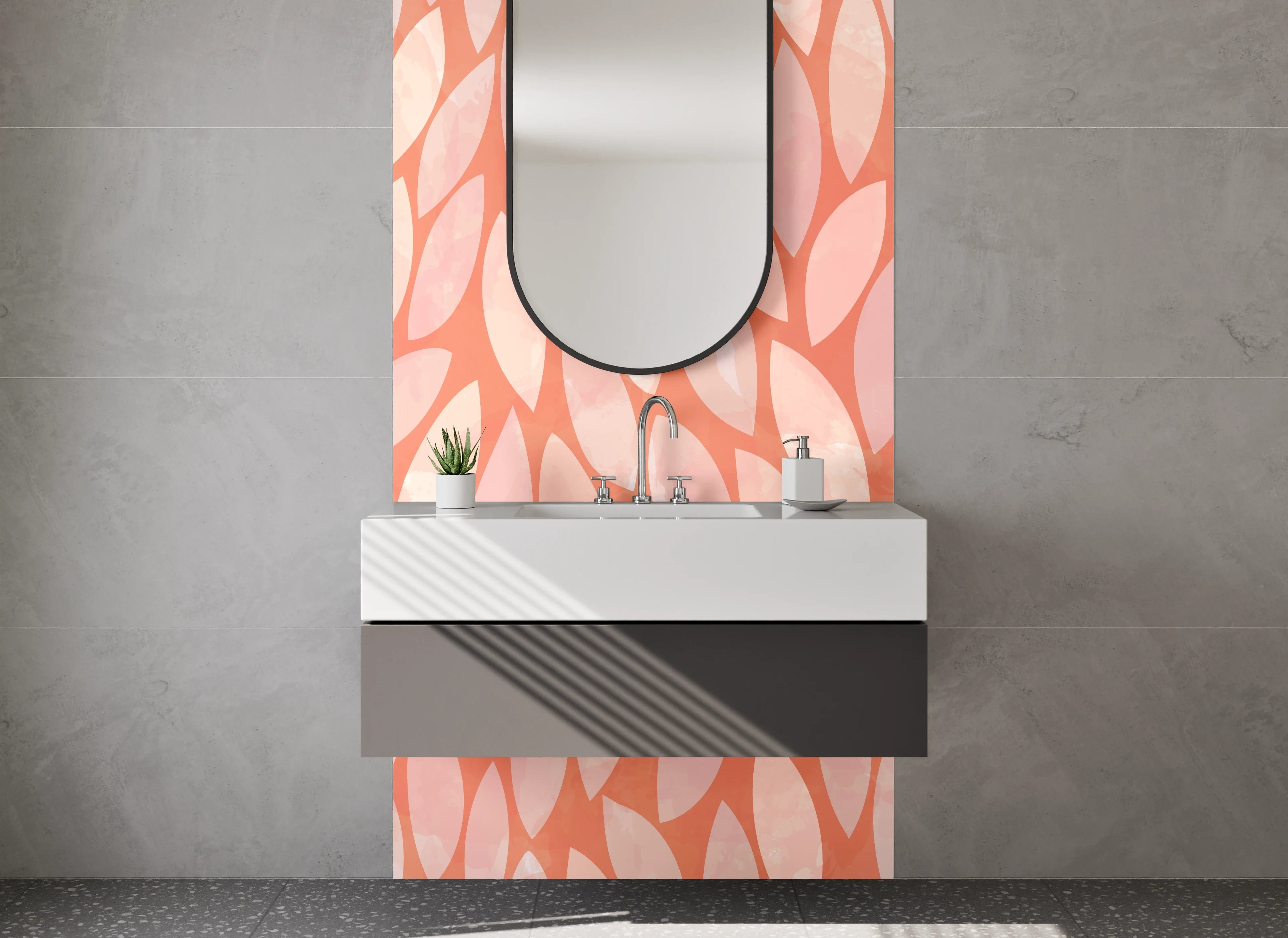 Waschbecken-Rückwand - Modernes Blattmuster in Rosa-Orange