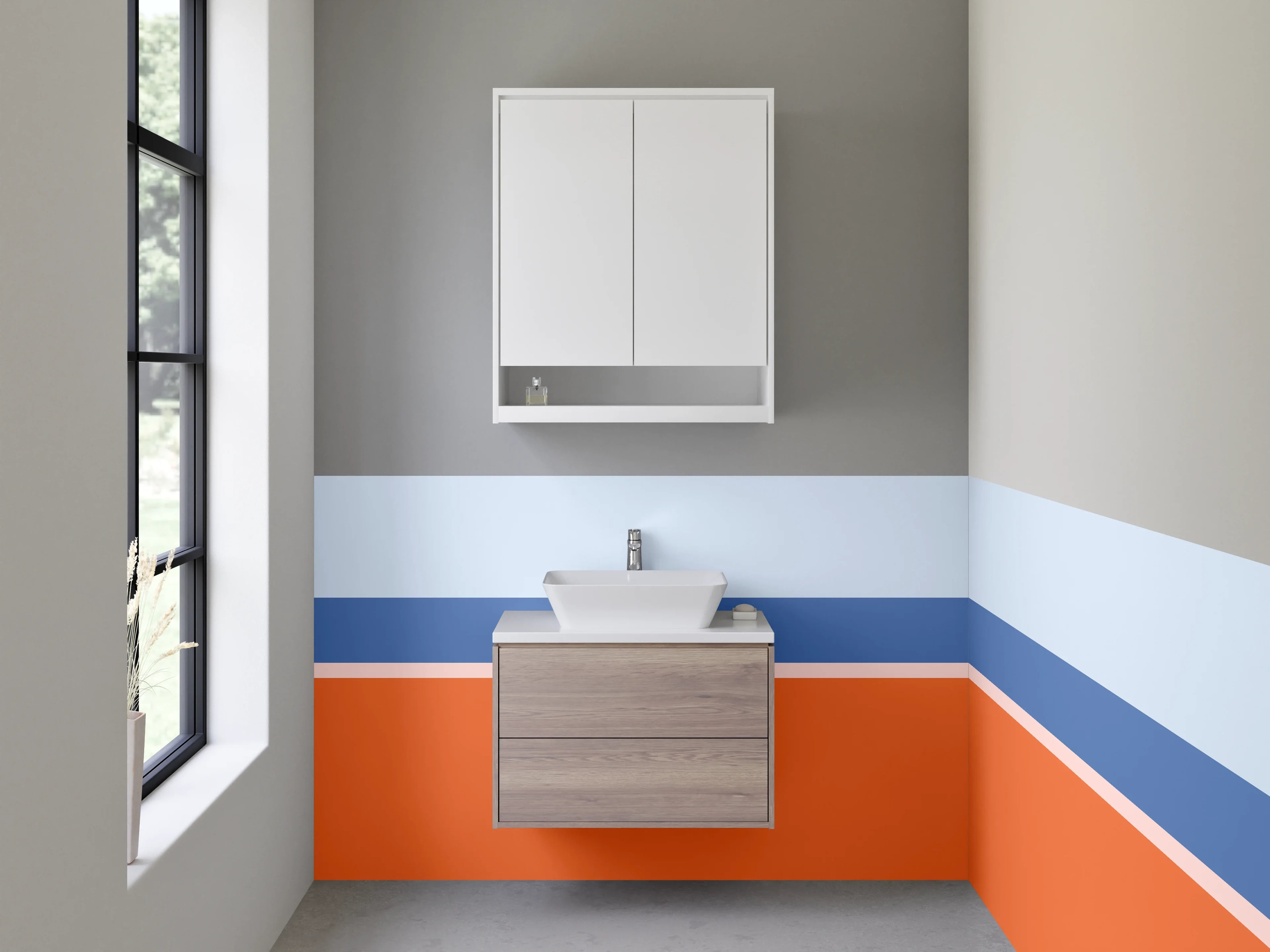 Waschbecken-Rückwand - Modernes Blockstreifen-Design in Orange und Blau