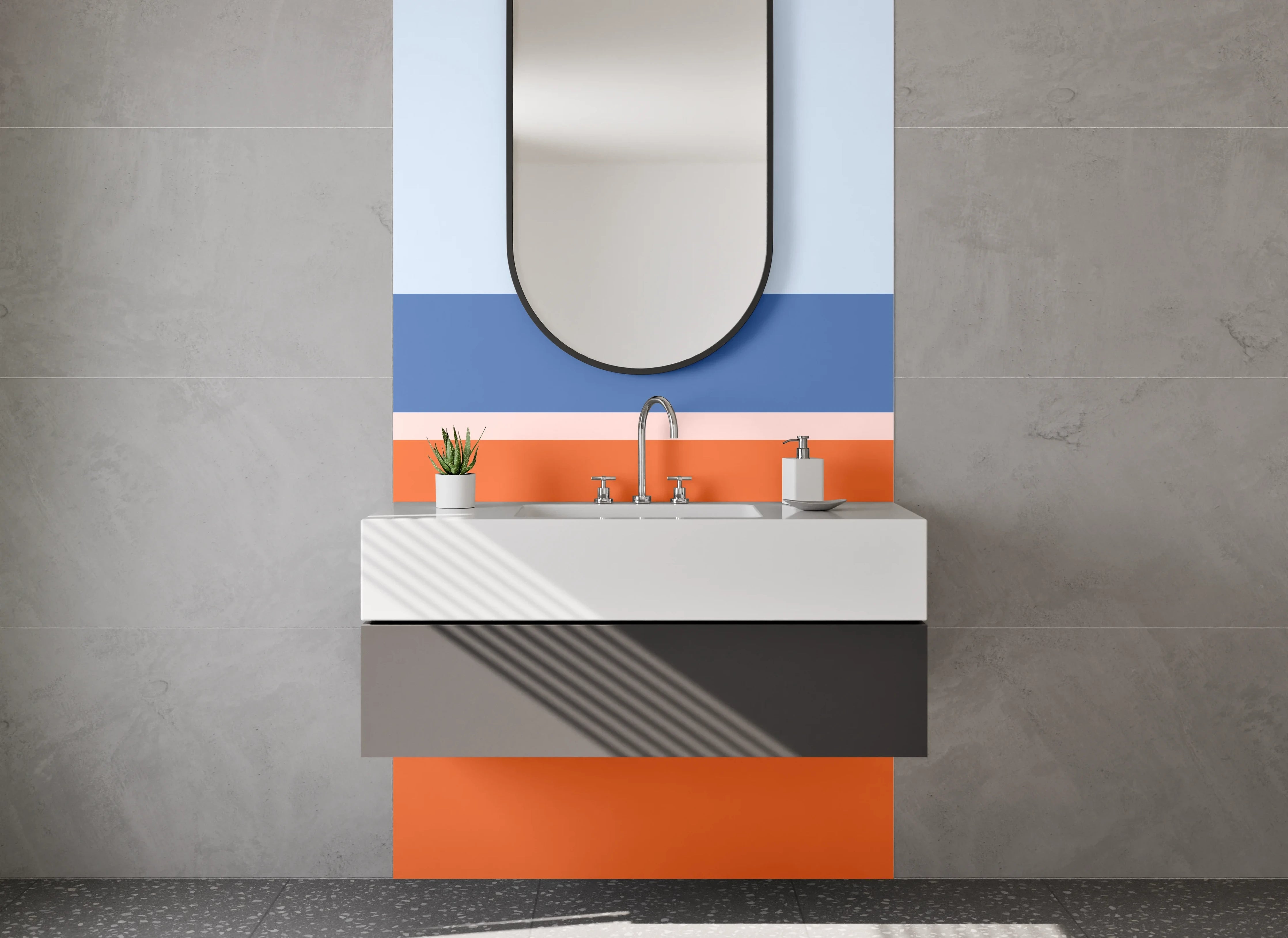 Waschbecken-Rückwand - Modernes Blockstreifen-Design in Orange und Blau