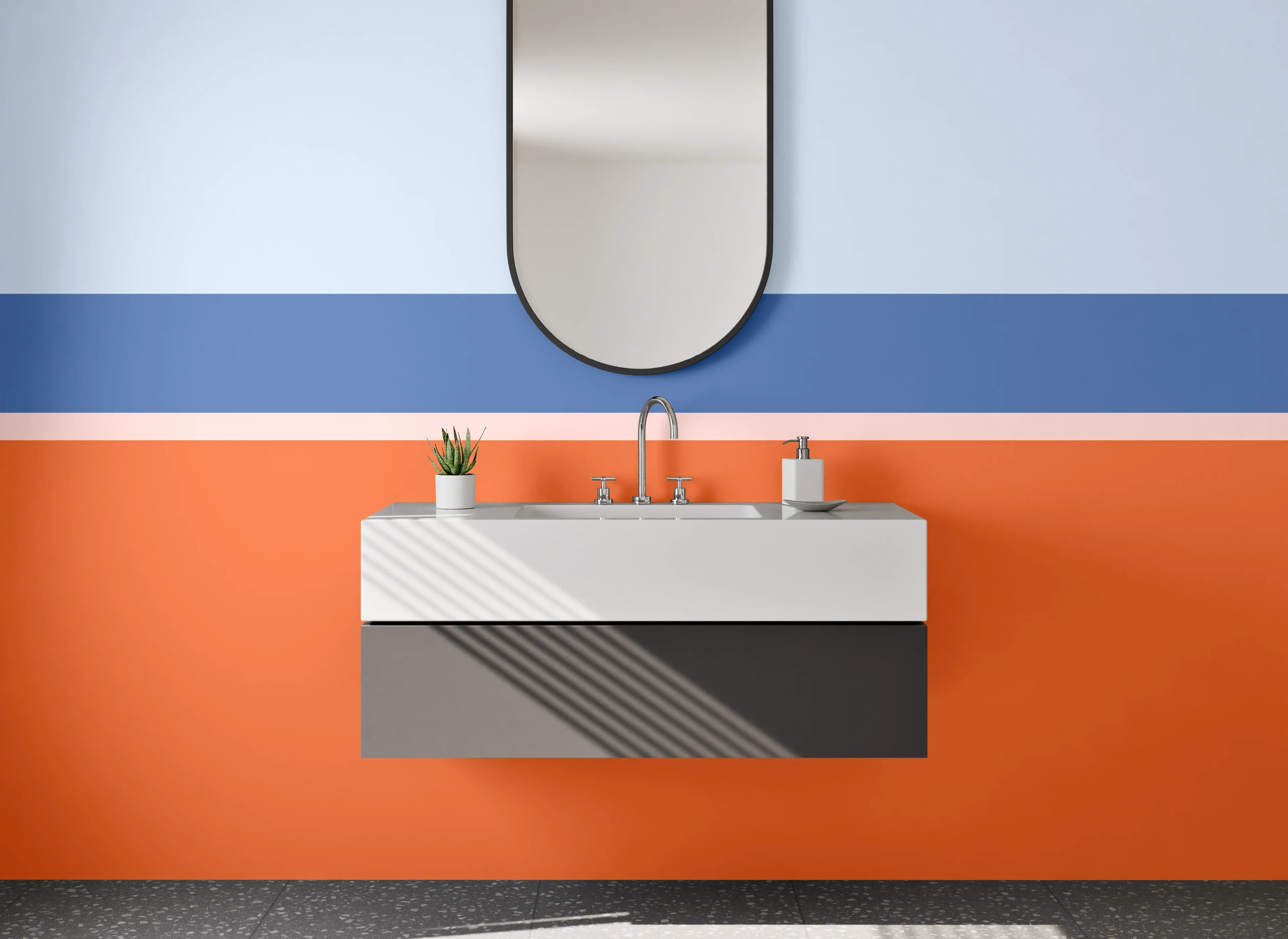 Waschbecken-Rückwand - Modernes Blockstreifen-Design in Orange und Blau
