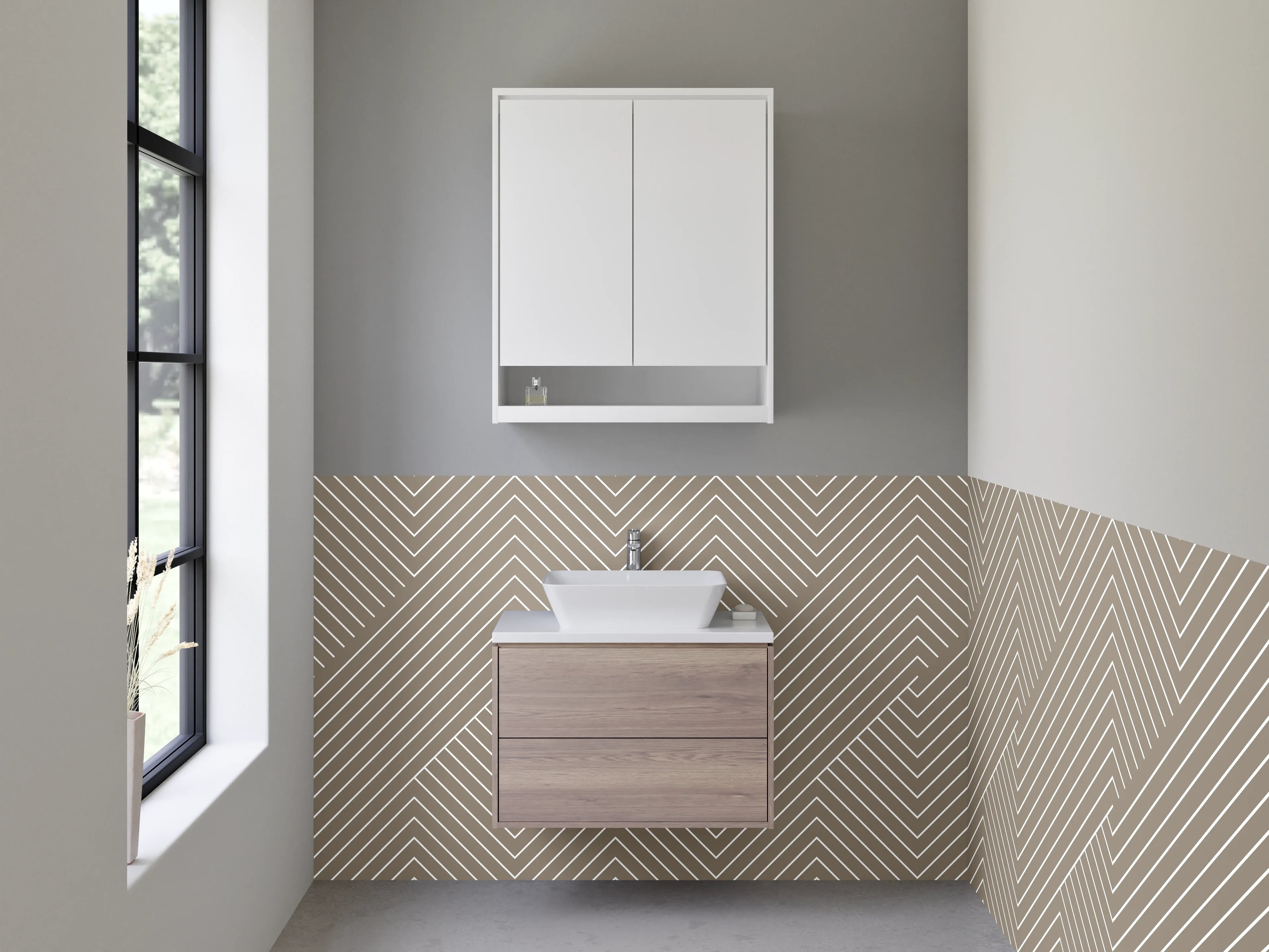 Waschbecken-Rückwand - Modernes Chevron-Linienmuster Beige
