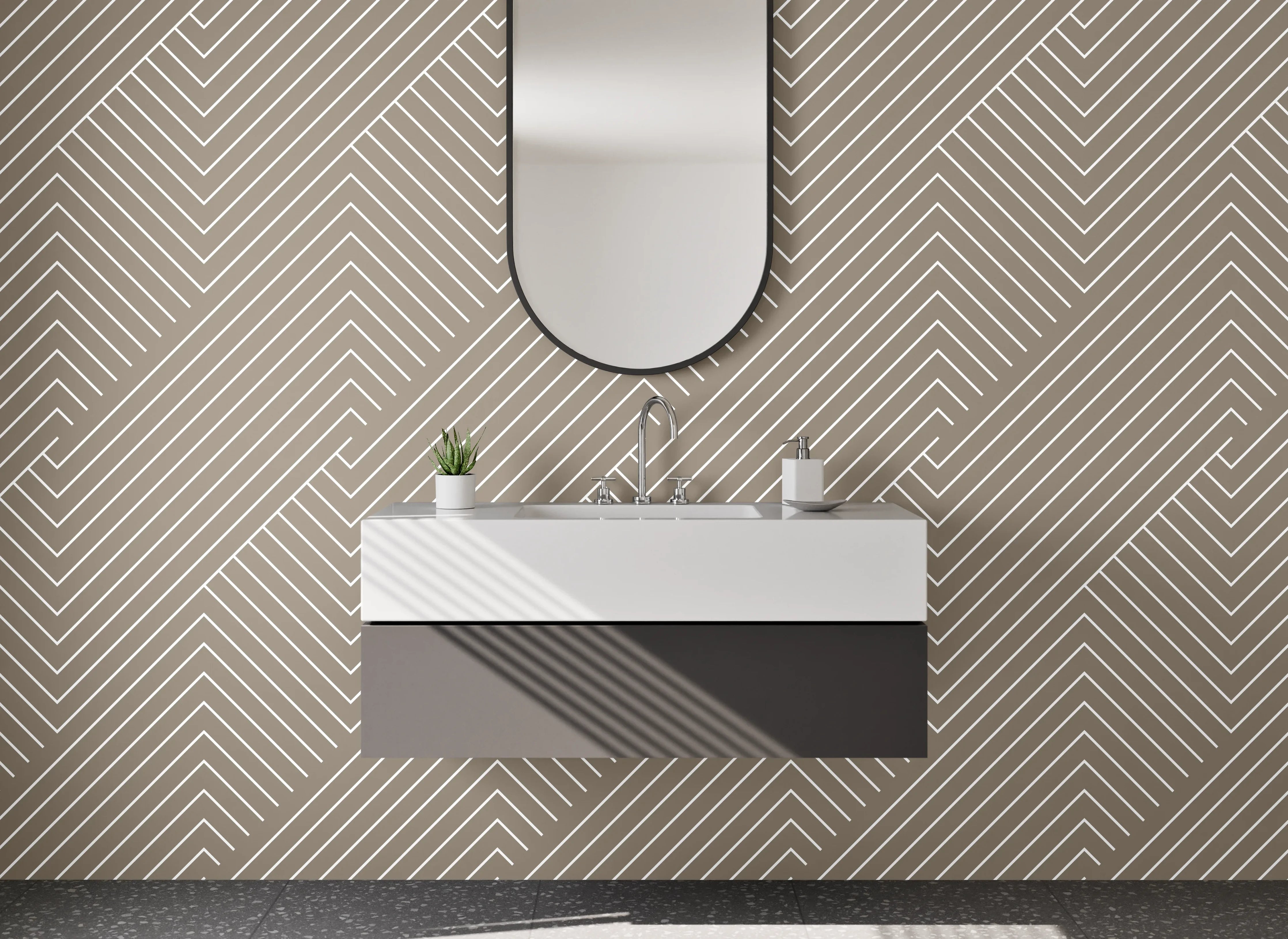 Waschbecken-Rückwand - Modernes Chevron-Linienmuster Beige