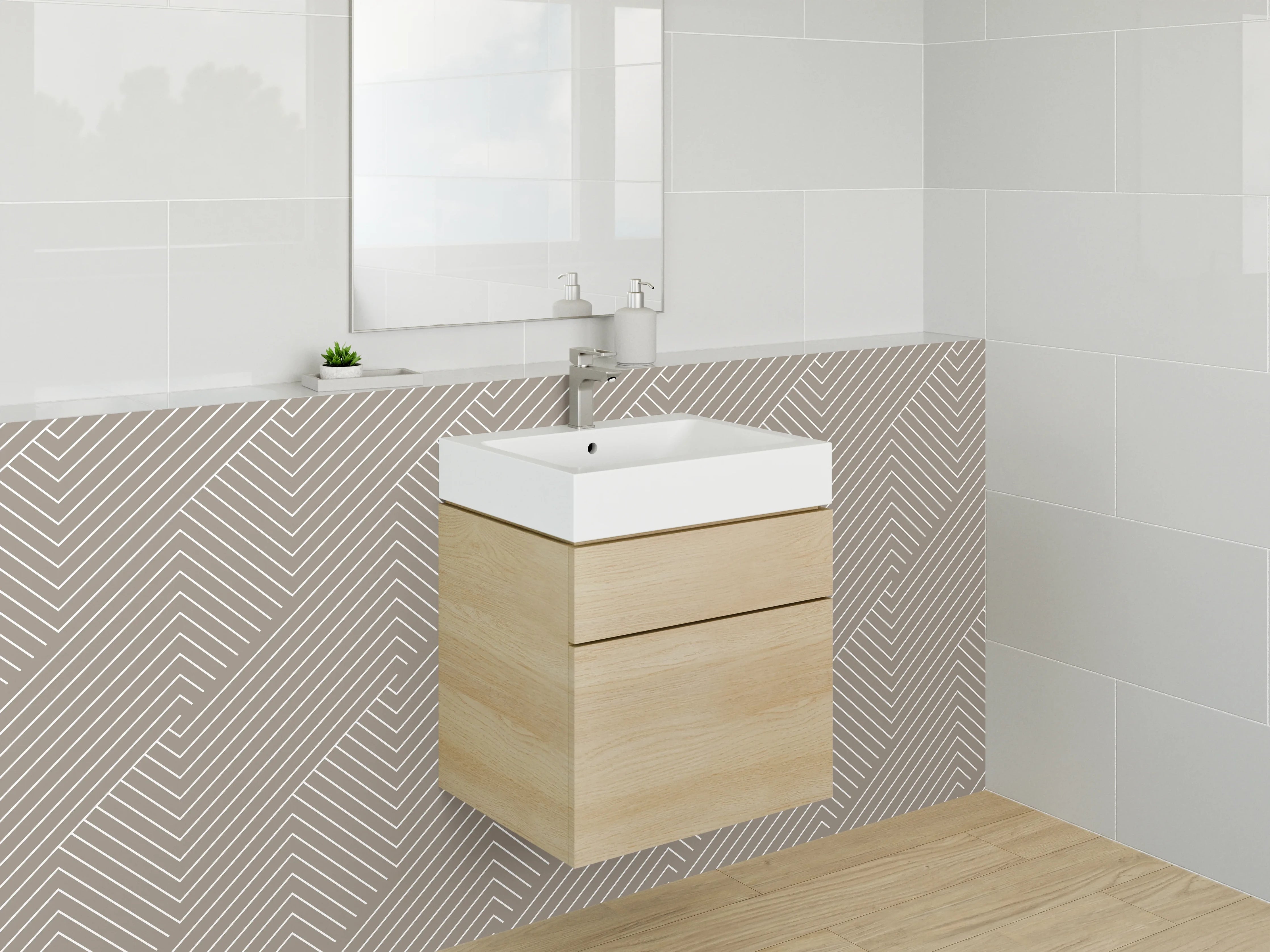 Waschbecken-Rückwand - Modernes Chevron-Linienmuster Beige