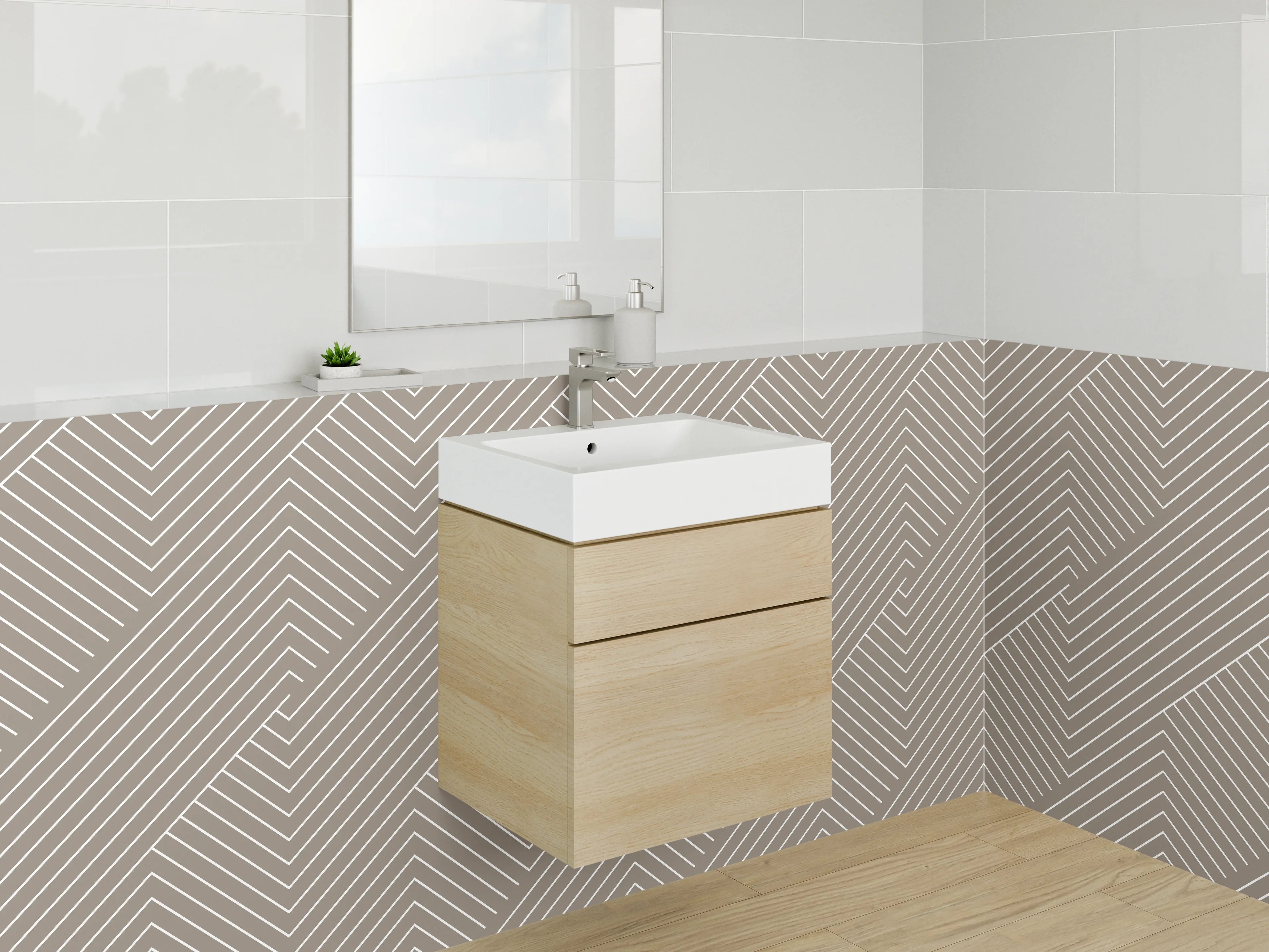 Waschbecken-Rückwand - Modernes Chevron-Linienmuster Beige