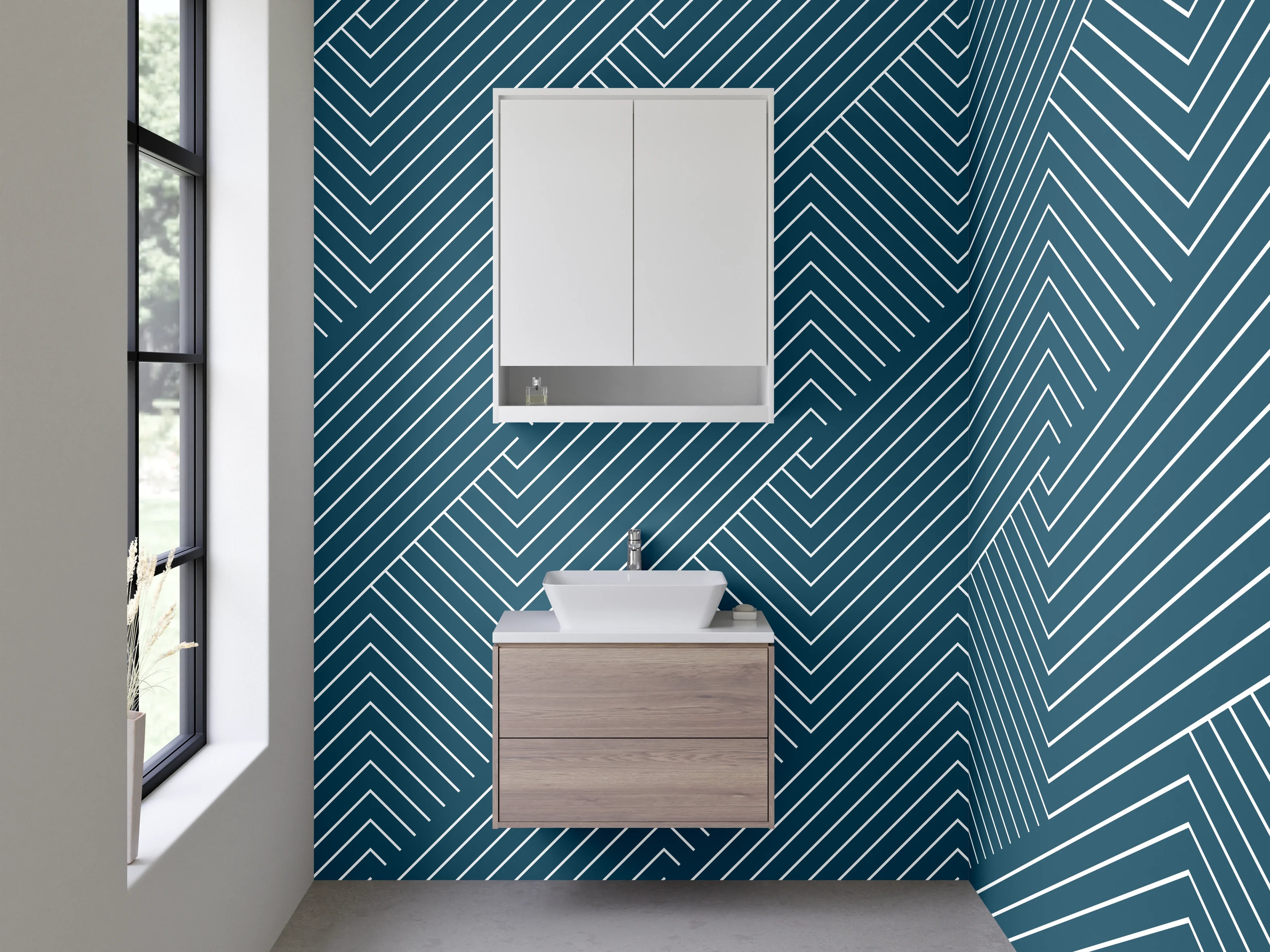 Waschbecken-Rückwand - Modernes Chevron-Linienmuster in Blauweiß