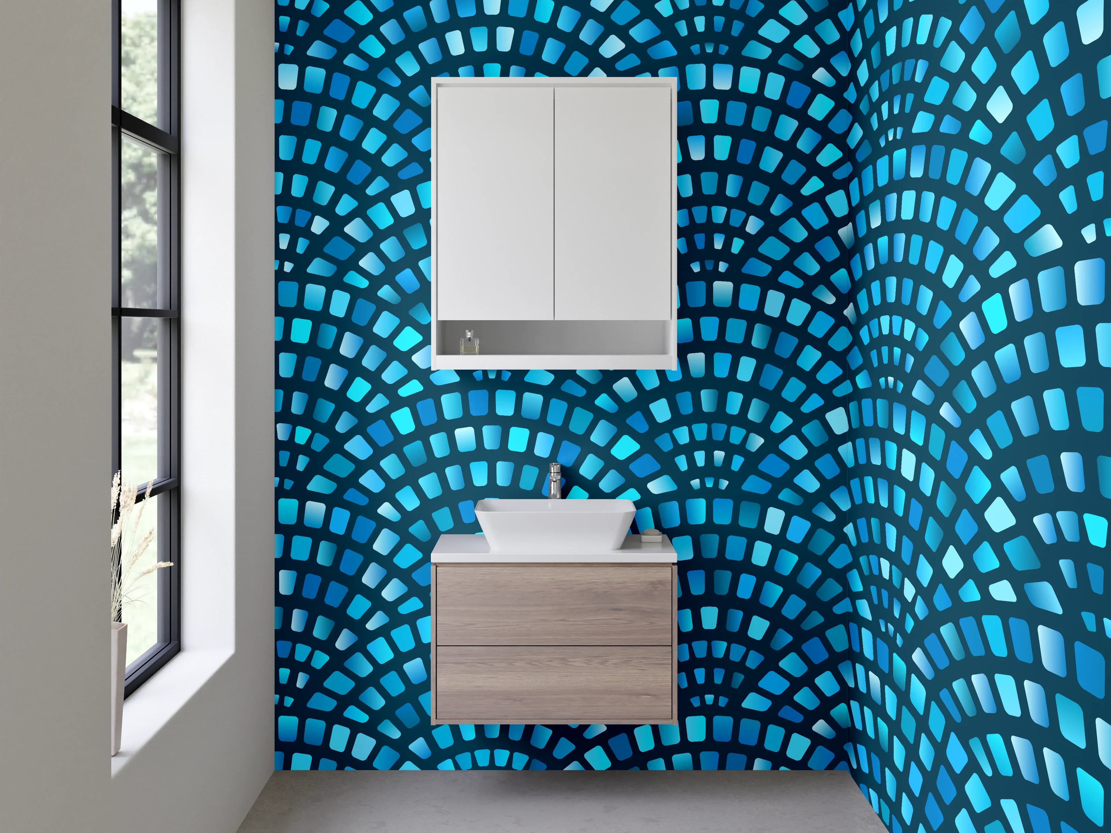 Waschbecken-Rückwand - Modernes Fächer-Mosaik in Blau