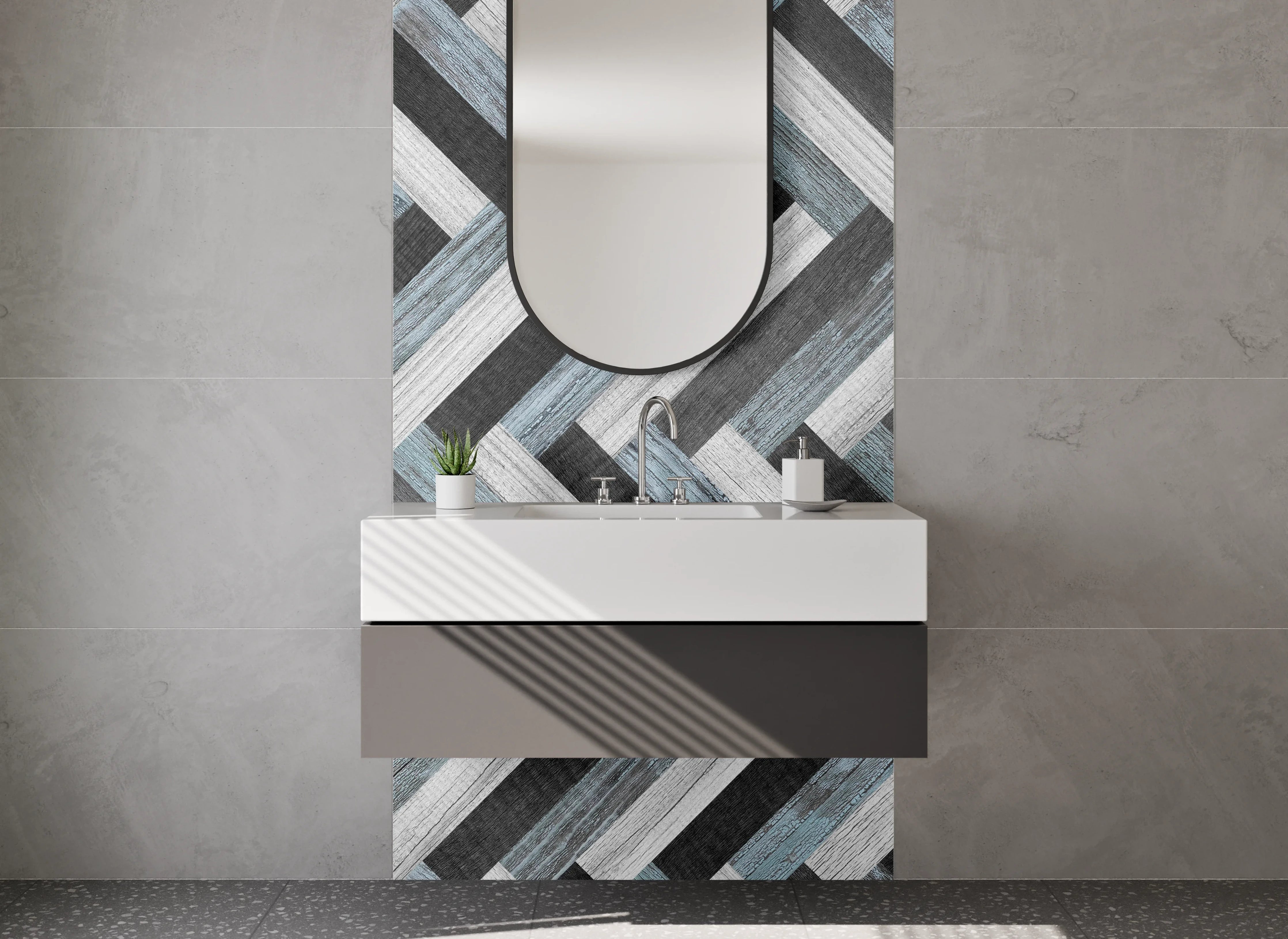 Waschbecken-Rückwand - Modernes Fischgrät-Muster grau-blau-weiß