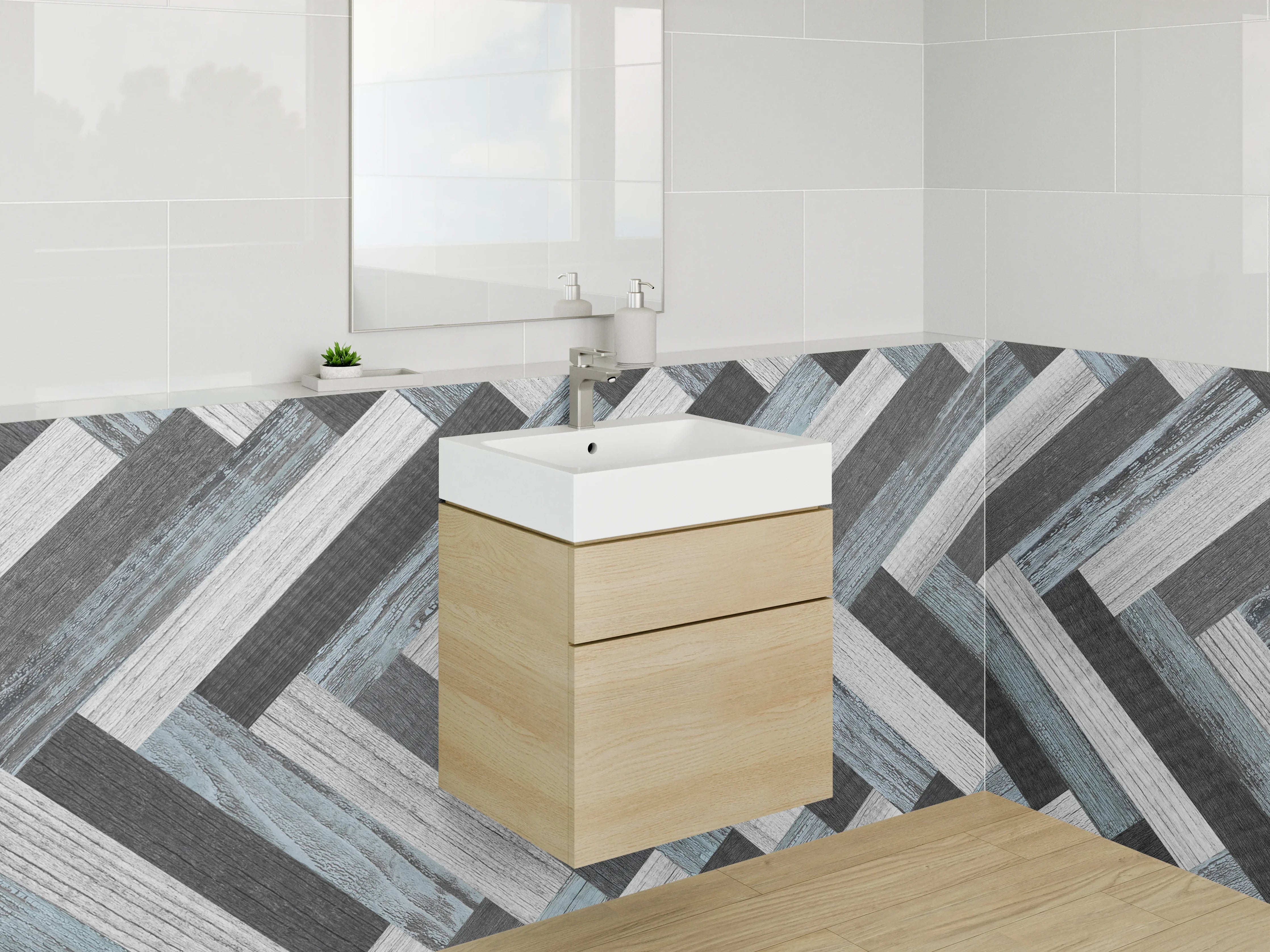 Waschbecken-Rückwand - Modernes Fischgrät-Muster grau-blau-weiß