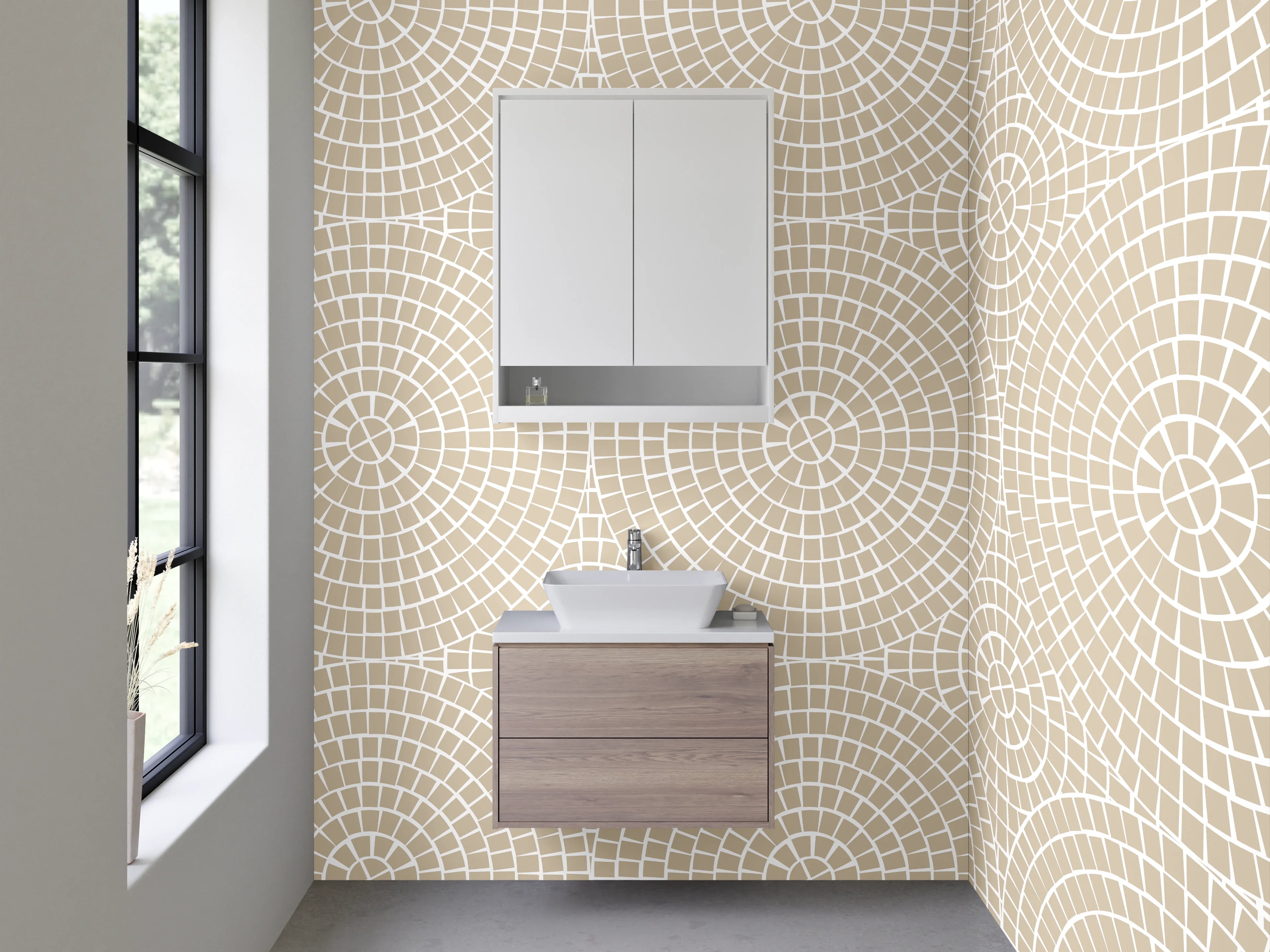 Waschbecken-Rückwand - Modernes Kreismuster in Beige und Weiß