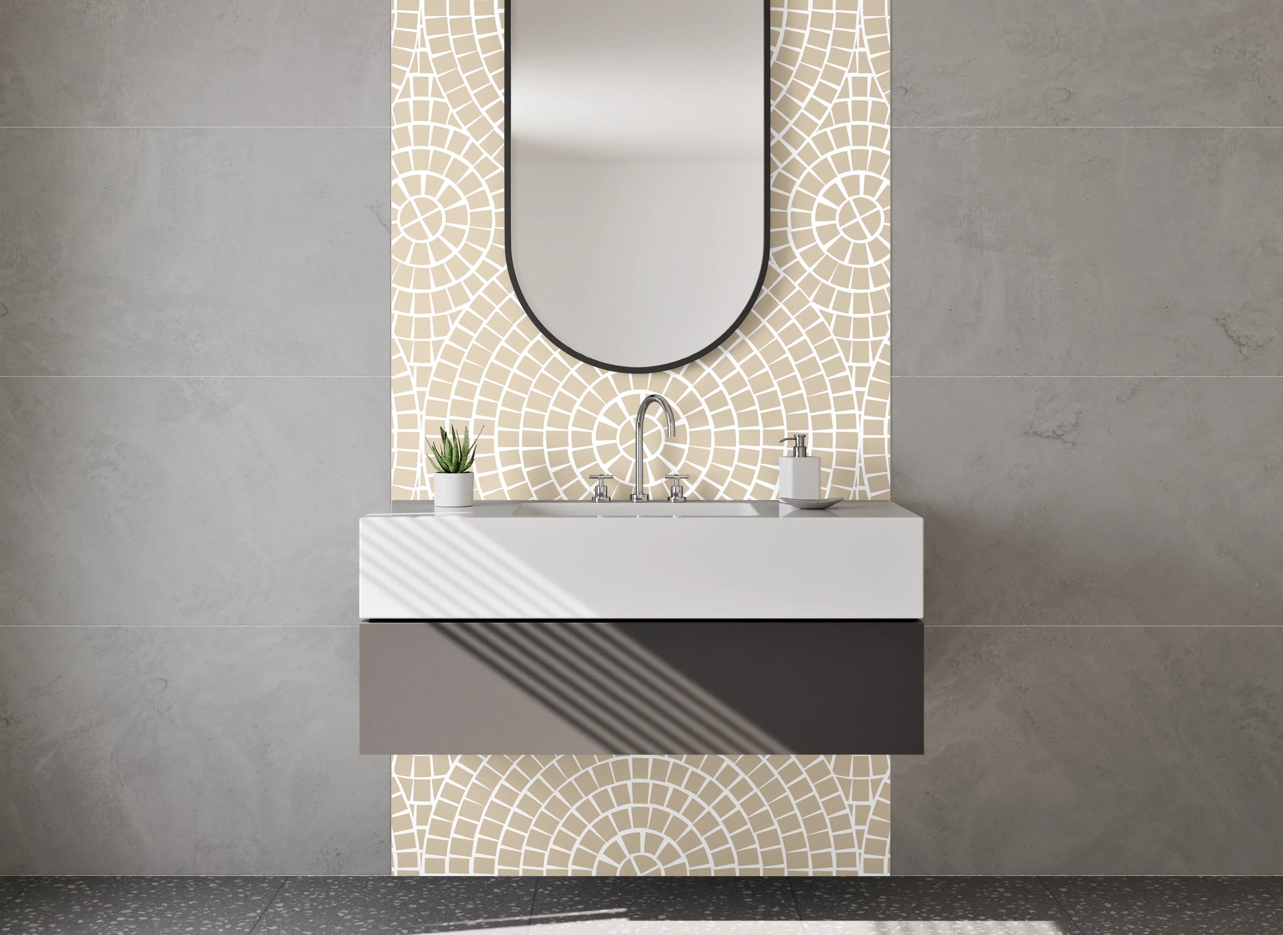 Waschbecken-Rückwand - Modernes Kreismuster in Beige und Weiß