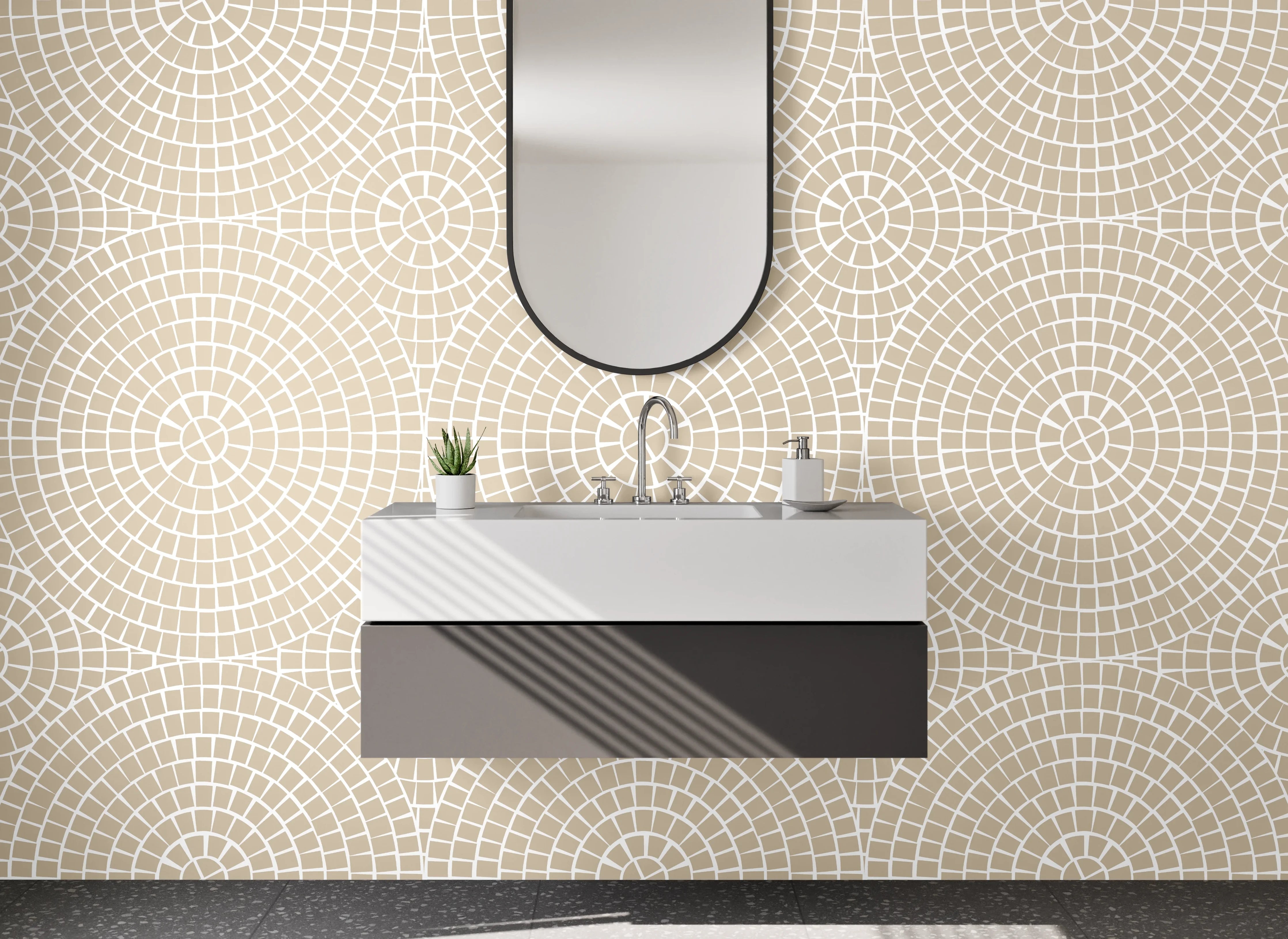 Waschbecken-Rückwand - Modernes Kreismuster in Beige und Weiß