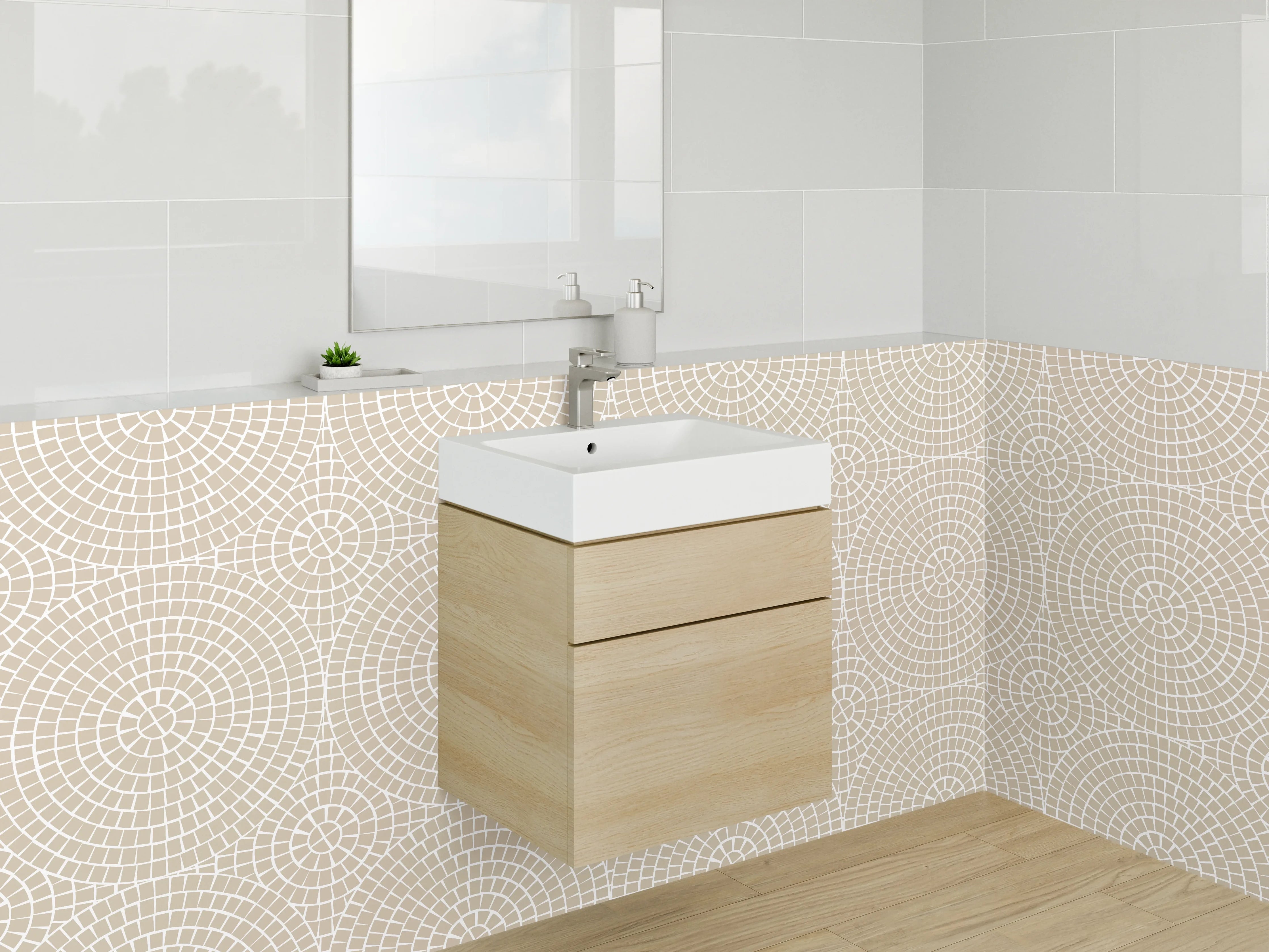Waschbecken-Rückwand - Modernes Kreismuster in Beige und Weiß