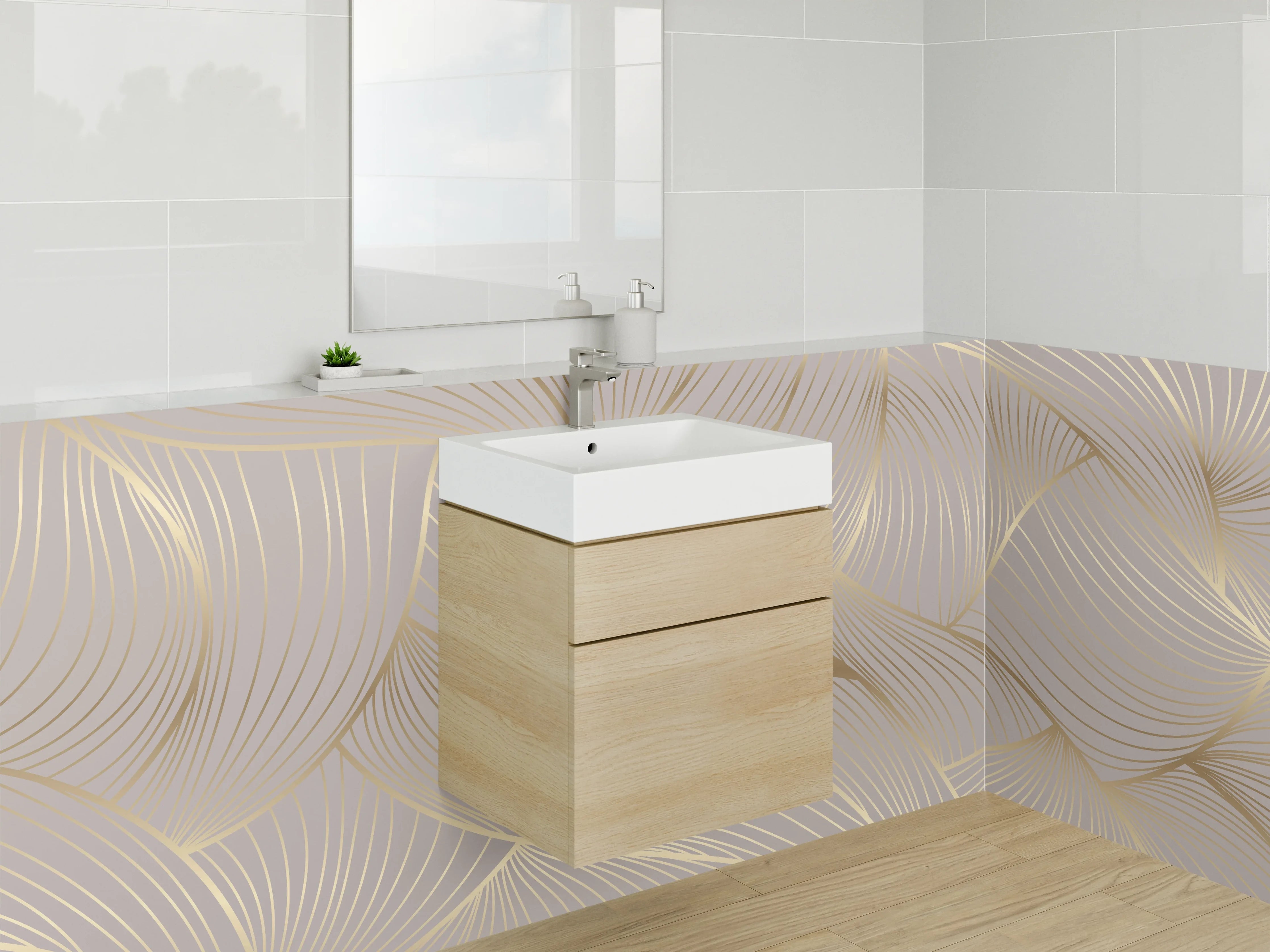 Waschbecken-Rückwand - Modernes Lineart Muster Gold Beige