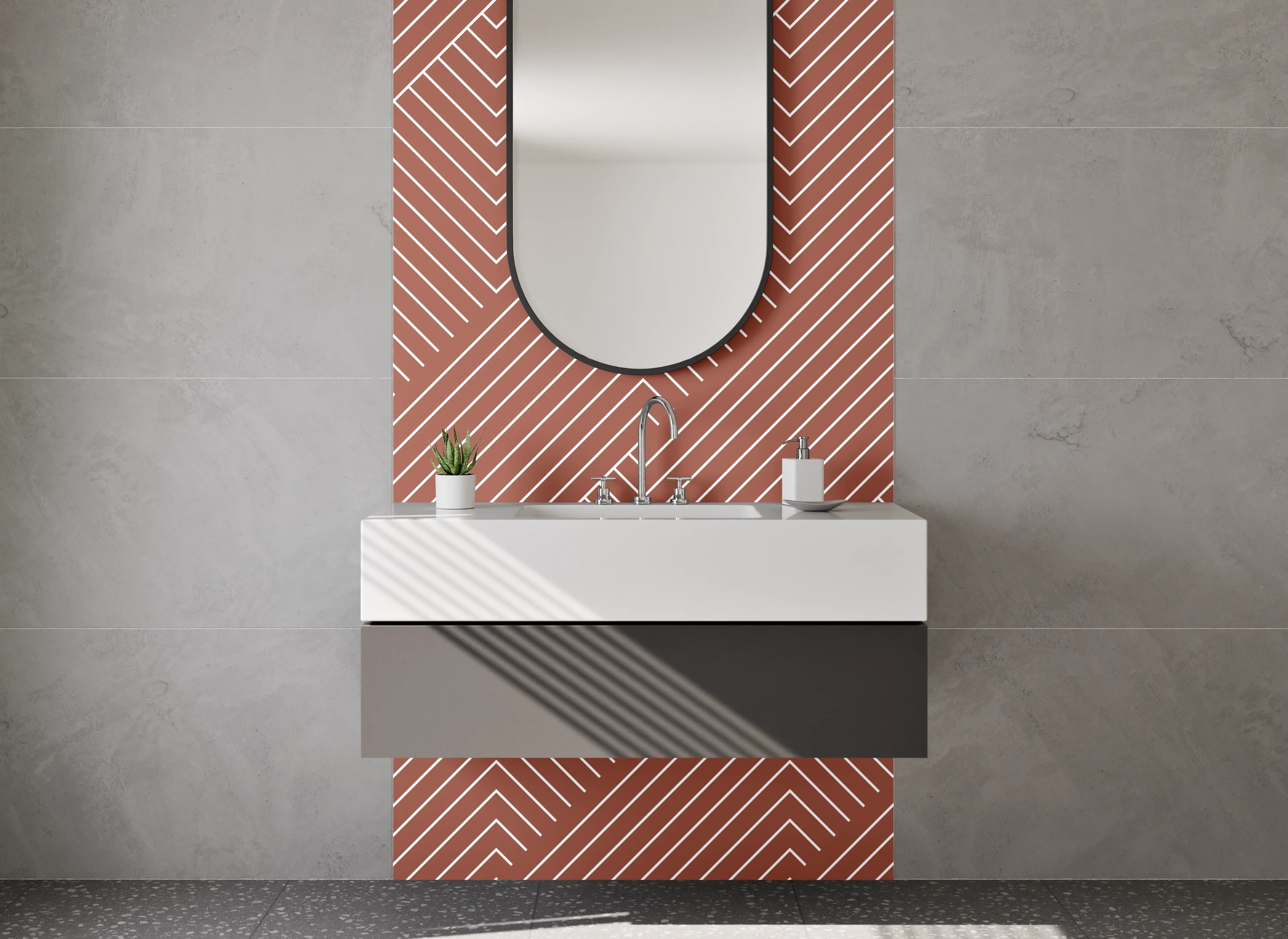 Waschbecken-Rückwand - Modernes Linienmuster Terrakotta Weiß