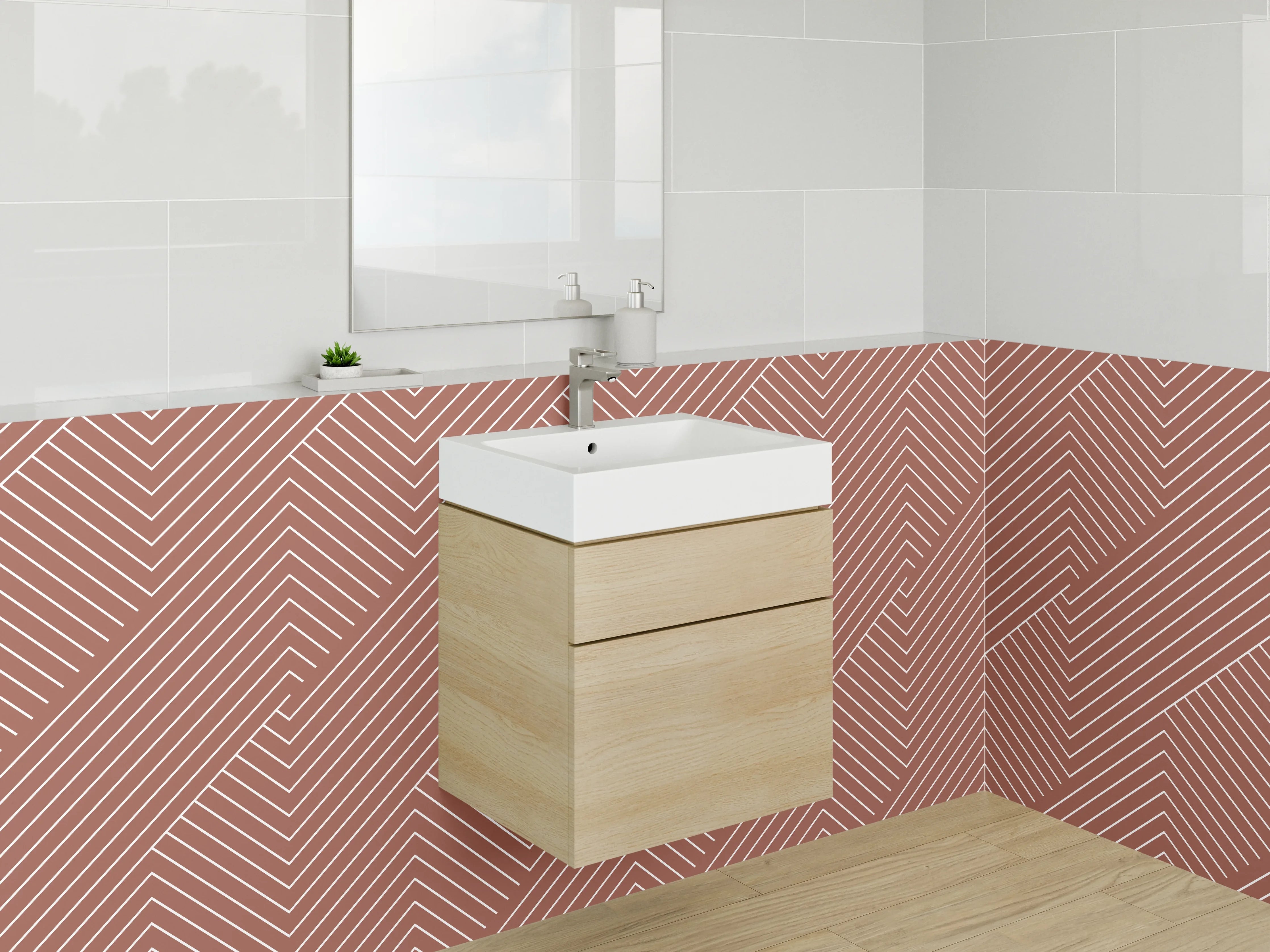 Waschbecken-Rückwand - Modernes Linienmuster Terrakotta Weiß