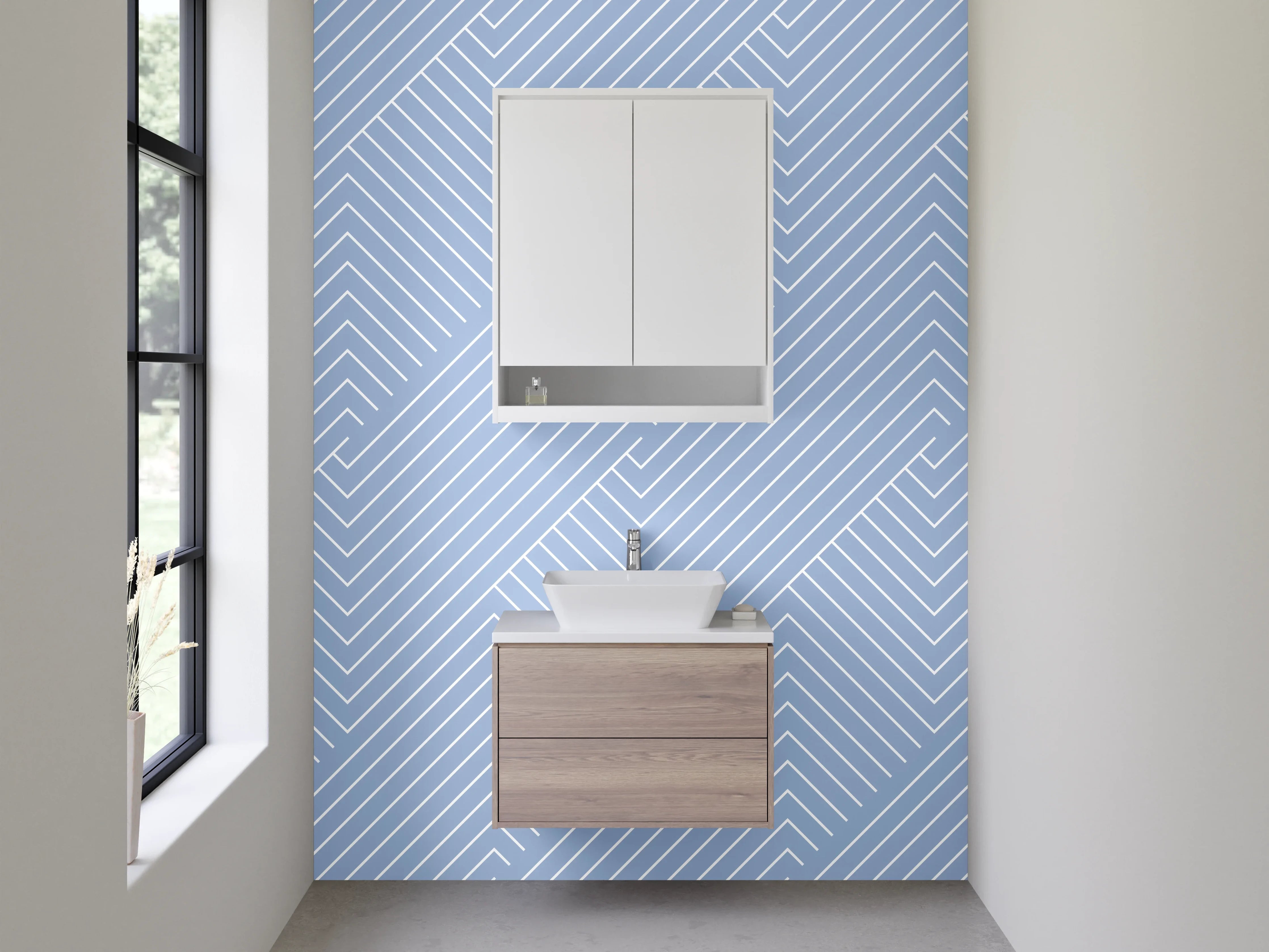 Waschbecken-Rückwand - Modernes Linienmuster in Blau-Weiß