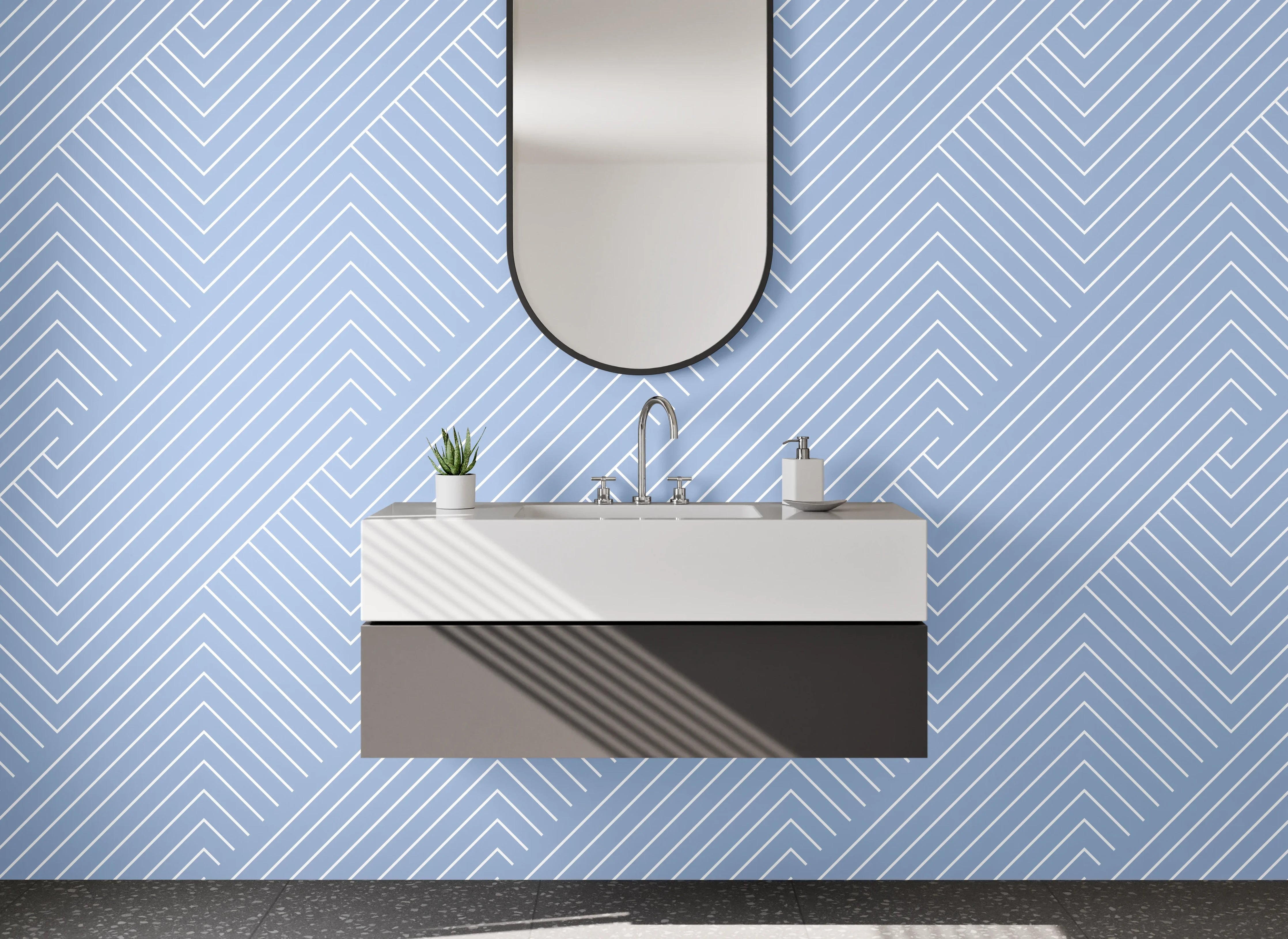 Waschbecken-Rückwand - Modernes Linienmuster in Blau-Weiß