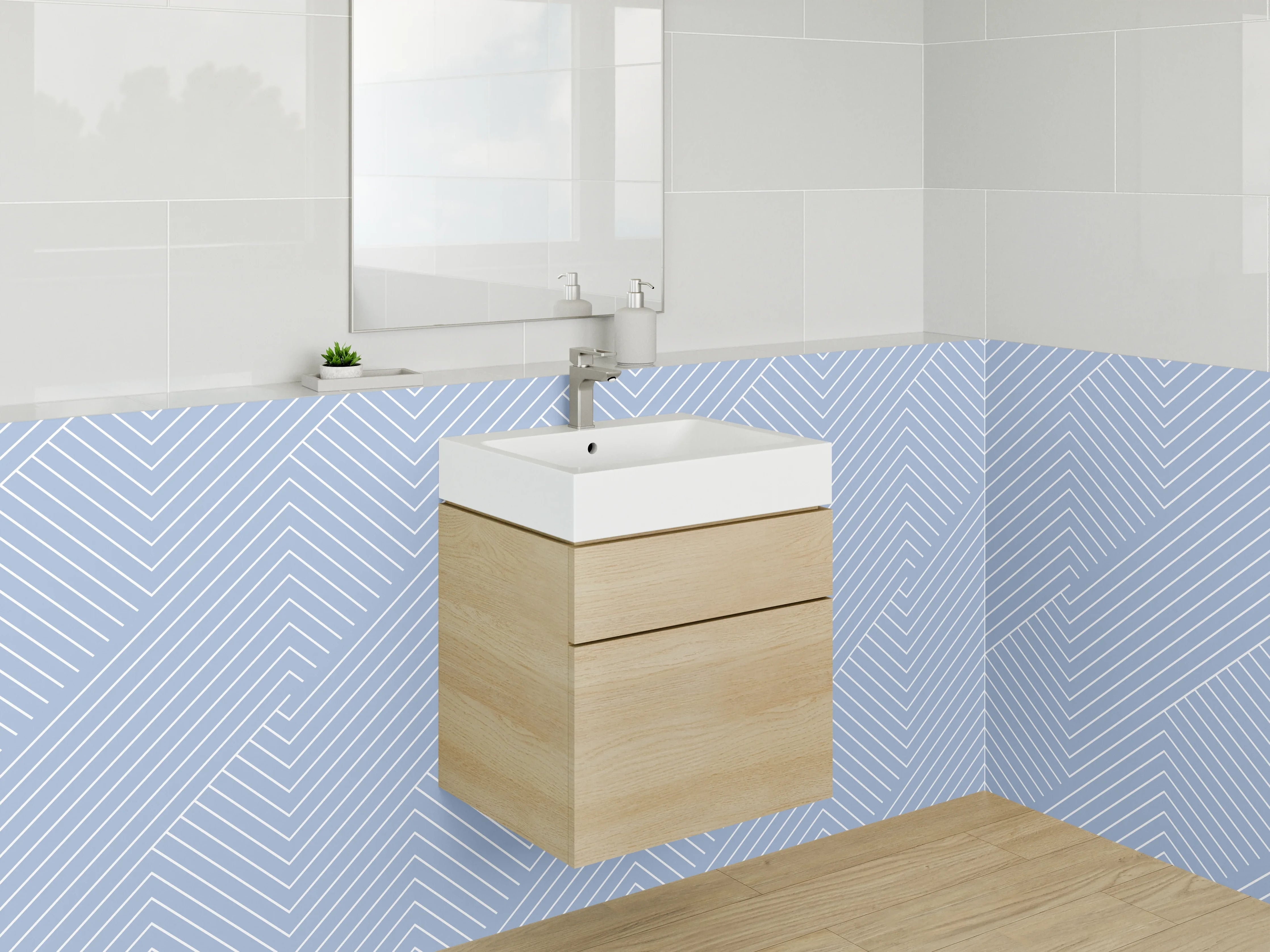Waschbecken-Rückwand - Modernes Linienmuster in Blau-Weiß