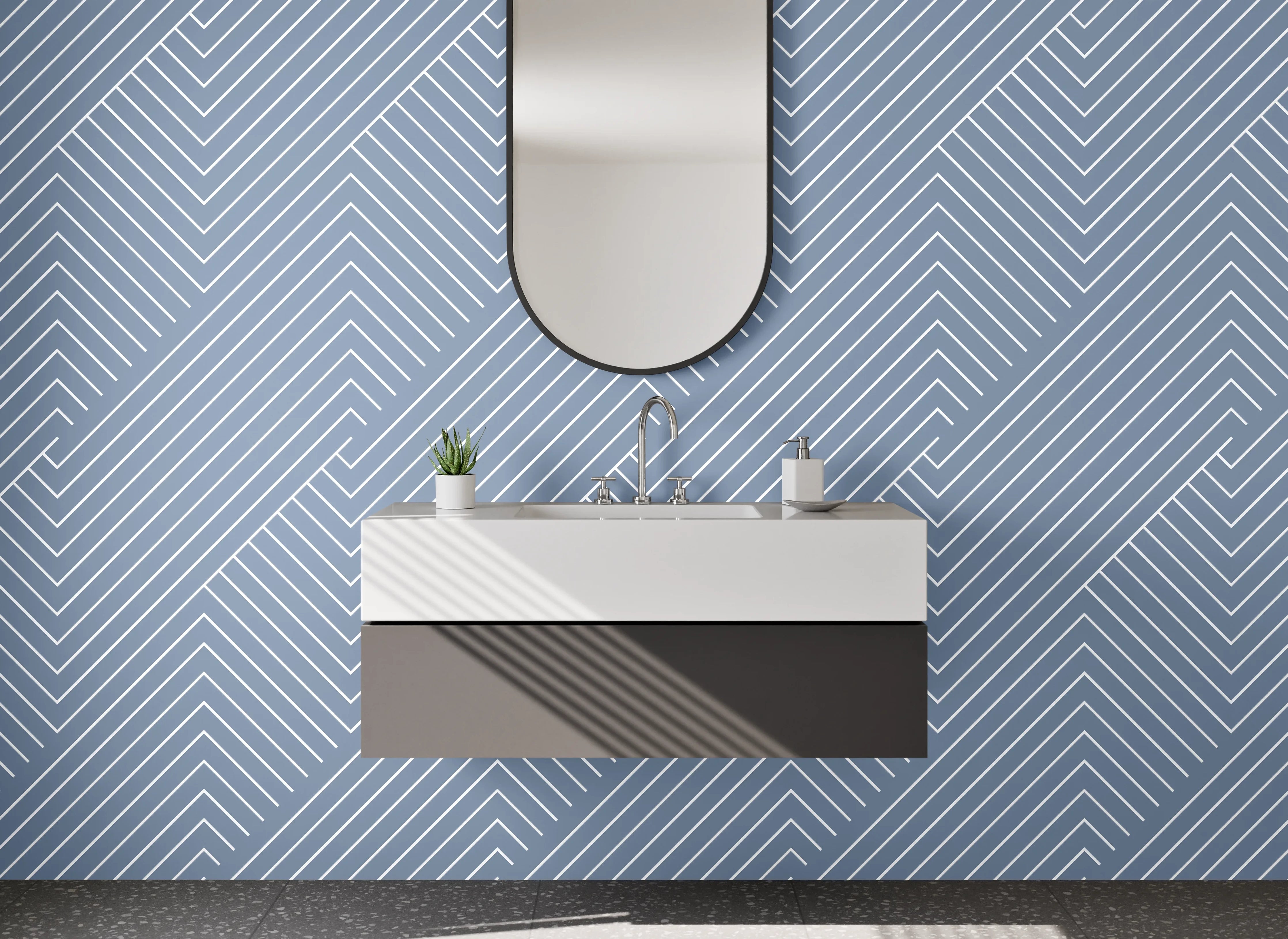 Waschbecken-Rückwand - Modernes Linienmuster in Grau-Blau