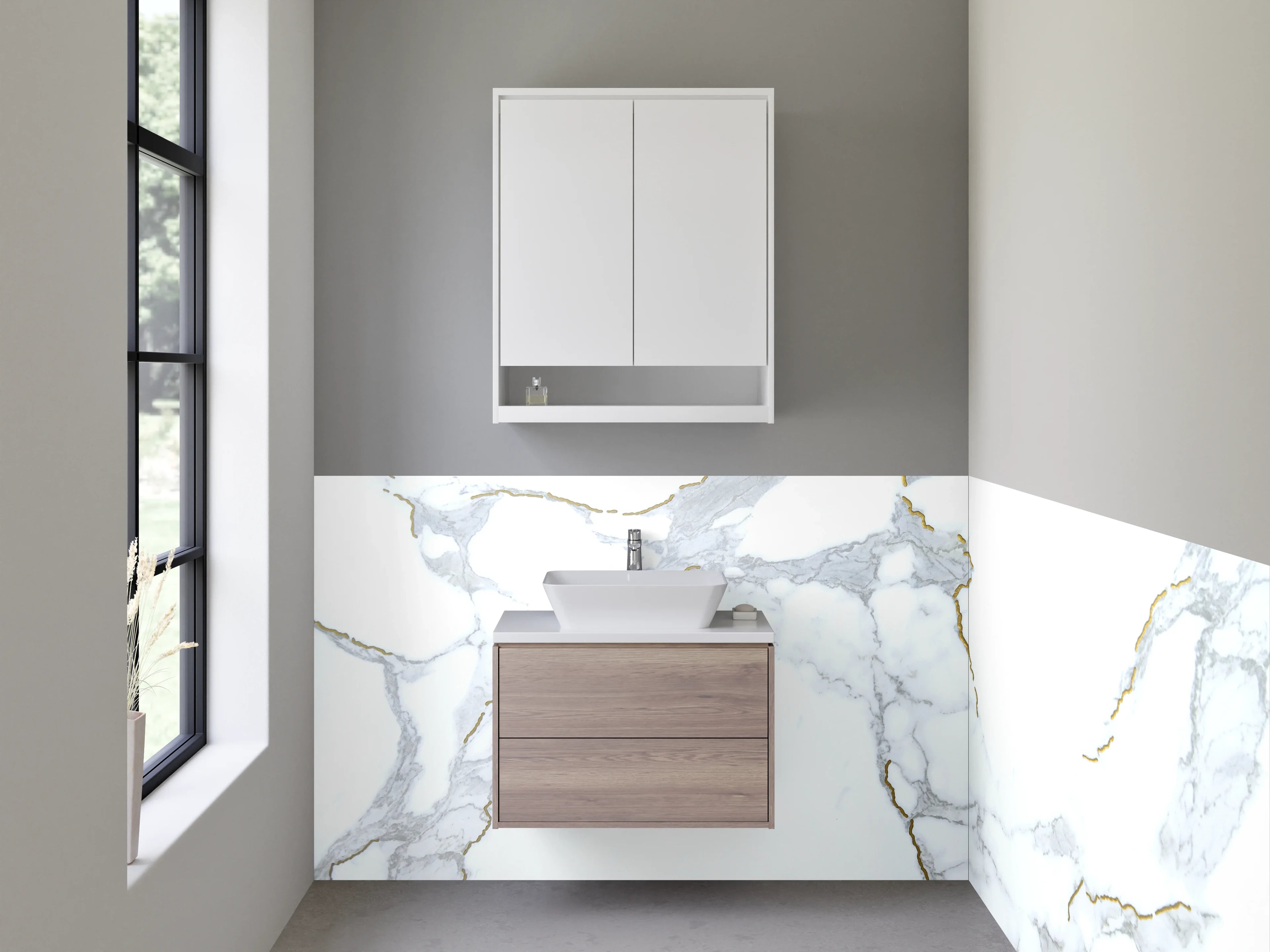 Waschbecken-Rückwand - Modernes Marmor-Design Weiß Grau