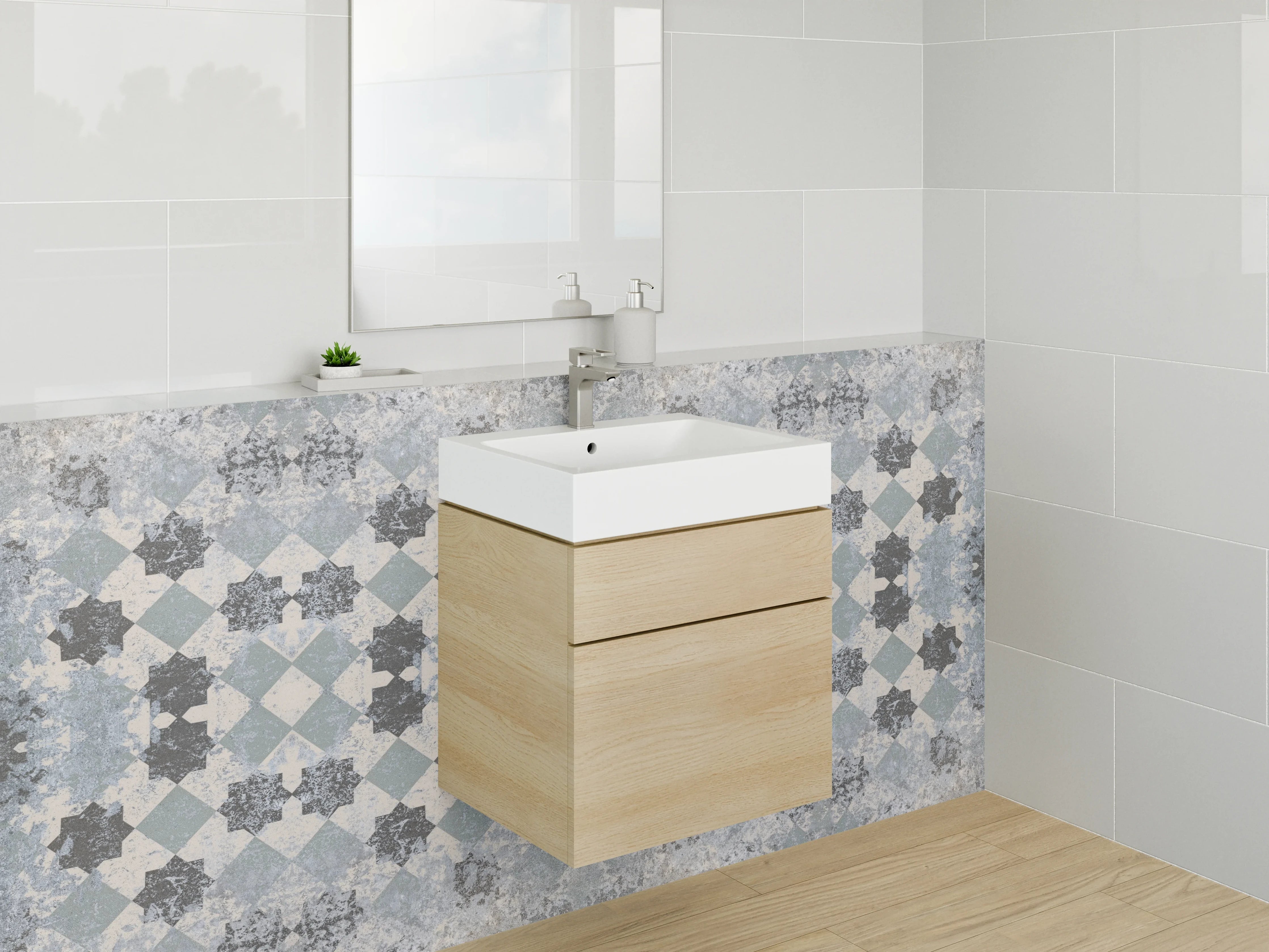 Waschbecken-Rückwand - Modernes Mosaik Muster in Grau Blau Weiß