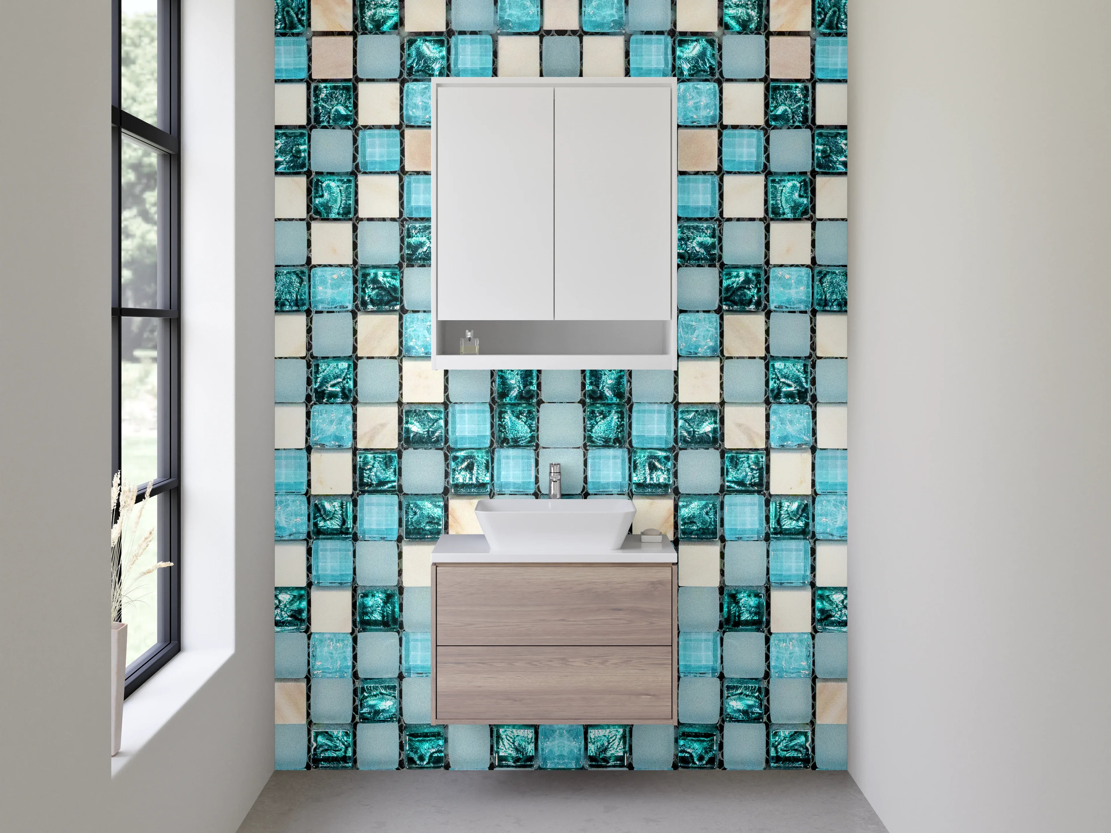Waschbecken-Rückwand - Modernes Mosaik in Türkis und Weiß