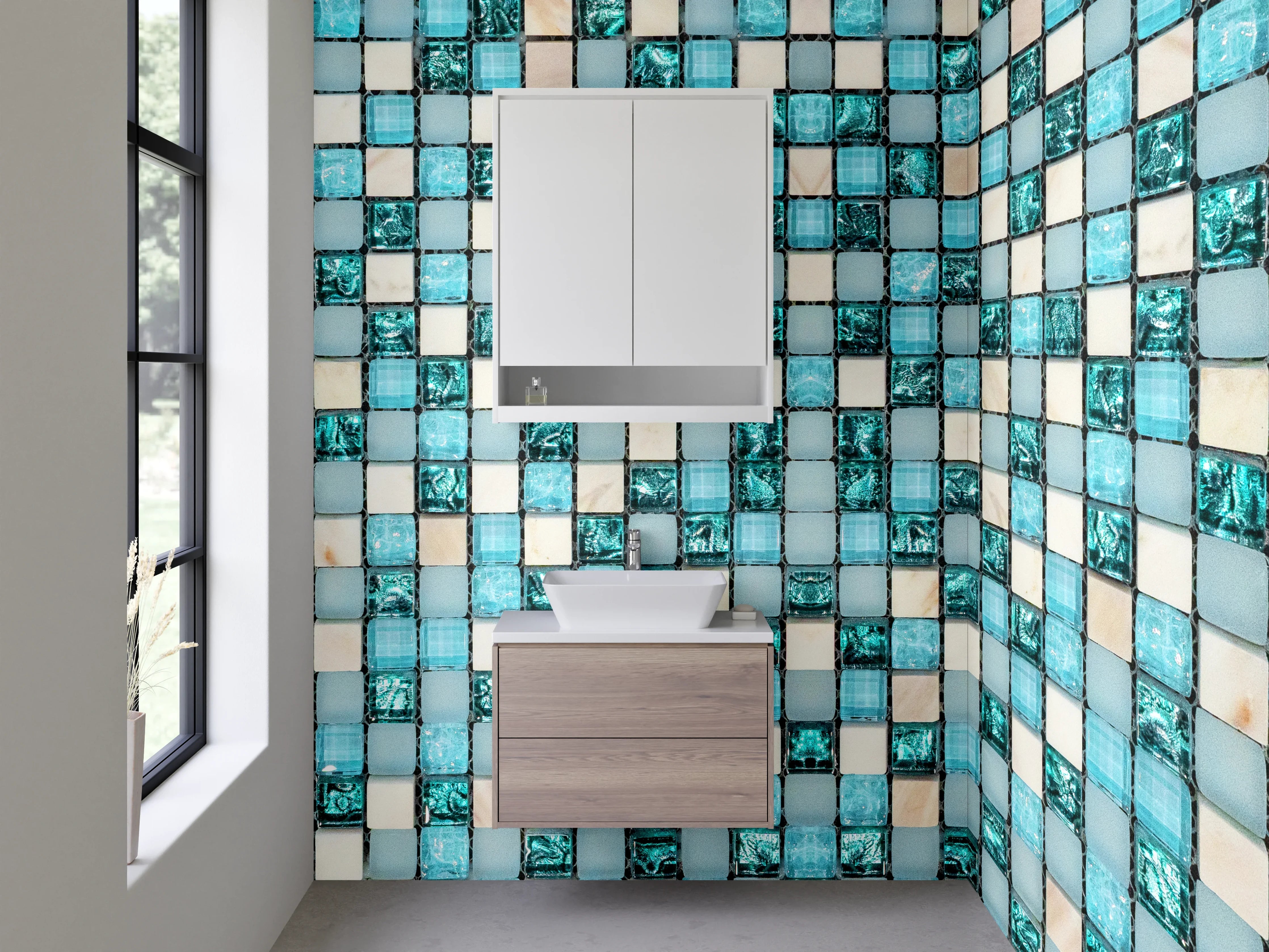 Waschbecken-Rückwand - Modernes Mosaik in Türkis und Weiß
