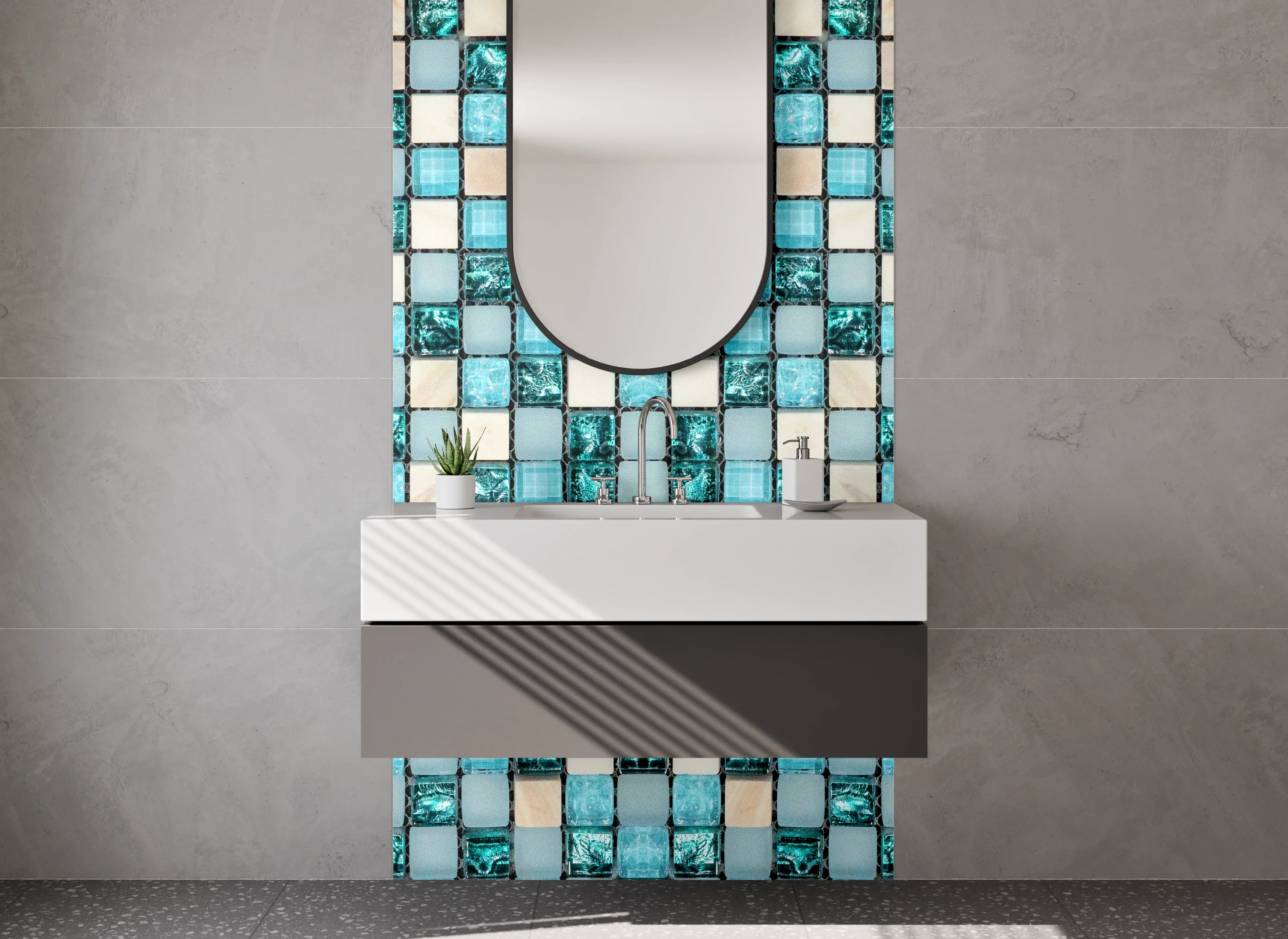 Waschbecken-Rückwand - Modernes Mosaik in Türkis und Weiß