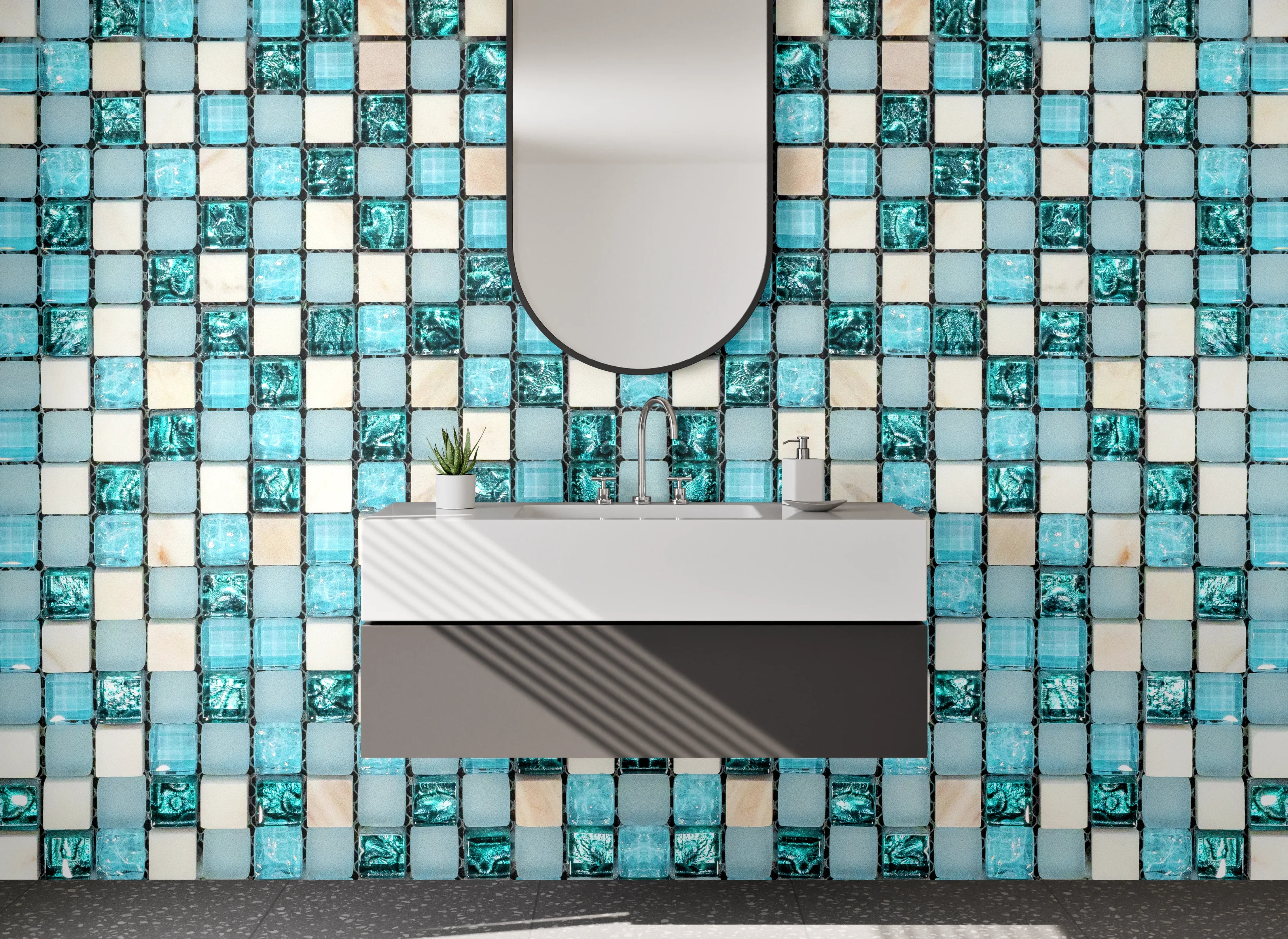 Waschbecken-Rückwand - Modernes Mosaik in Türkis und Weiß