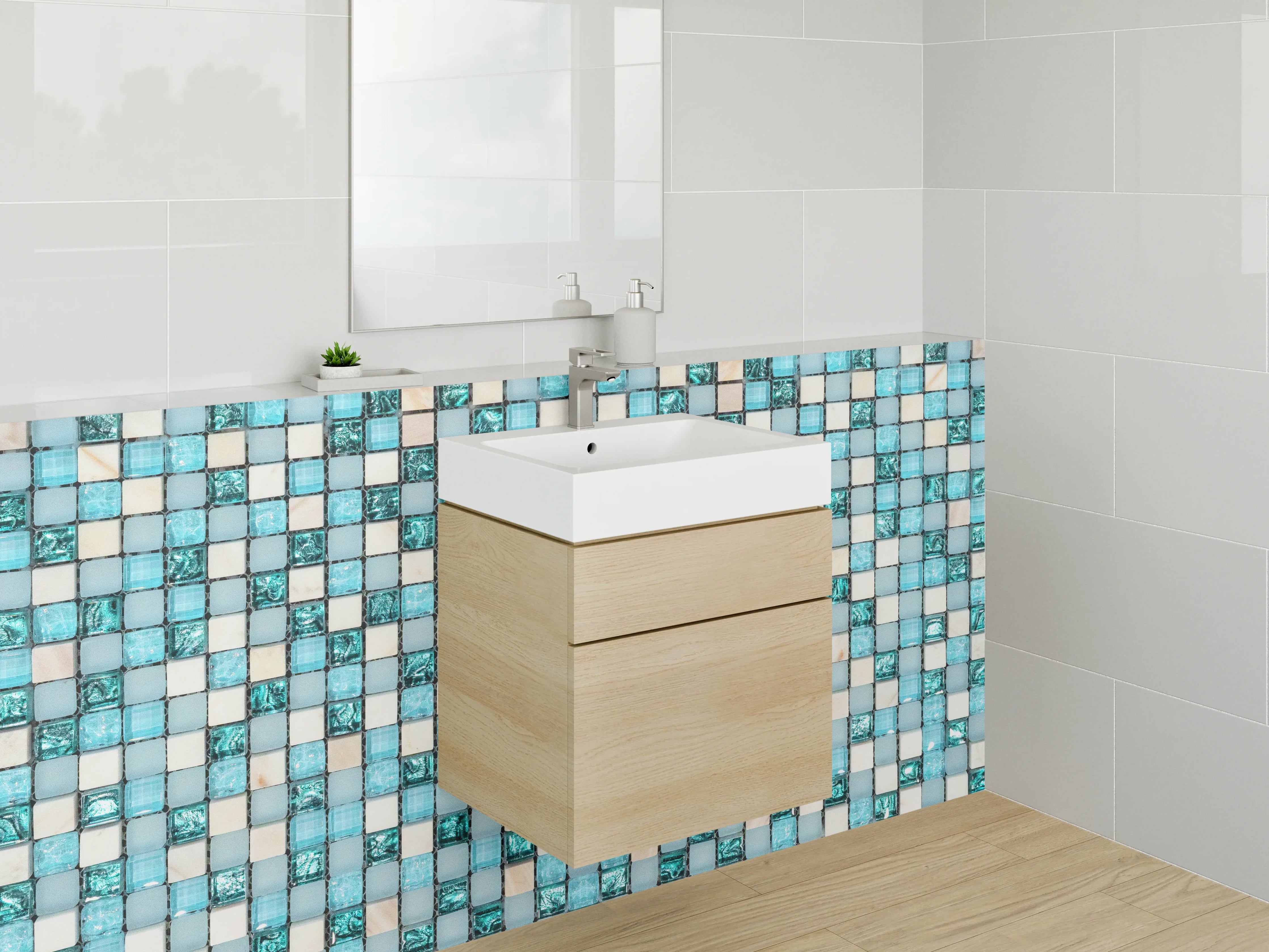 Waschbecken-Rückwand - Modernes Mosaik in Türkis und Weiß