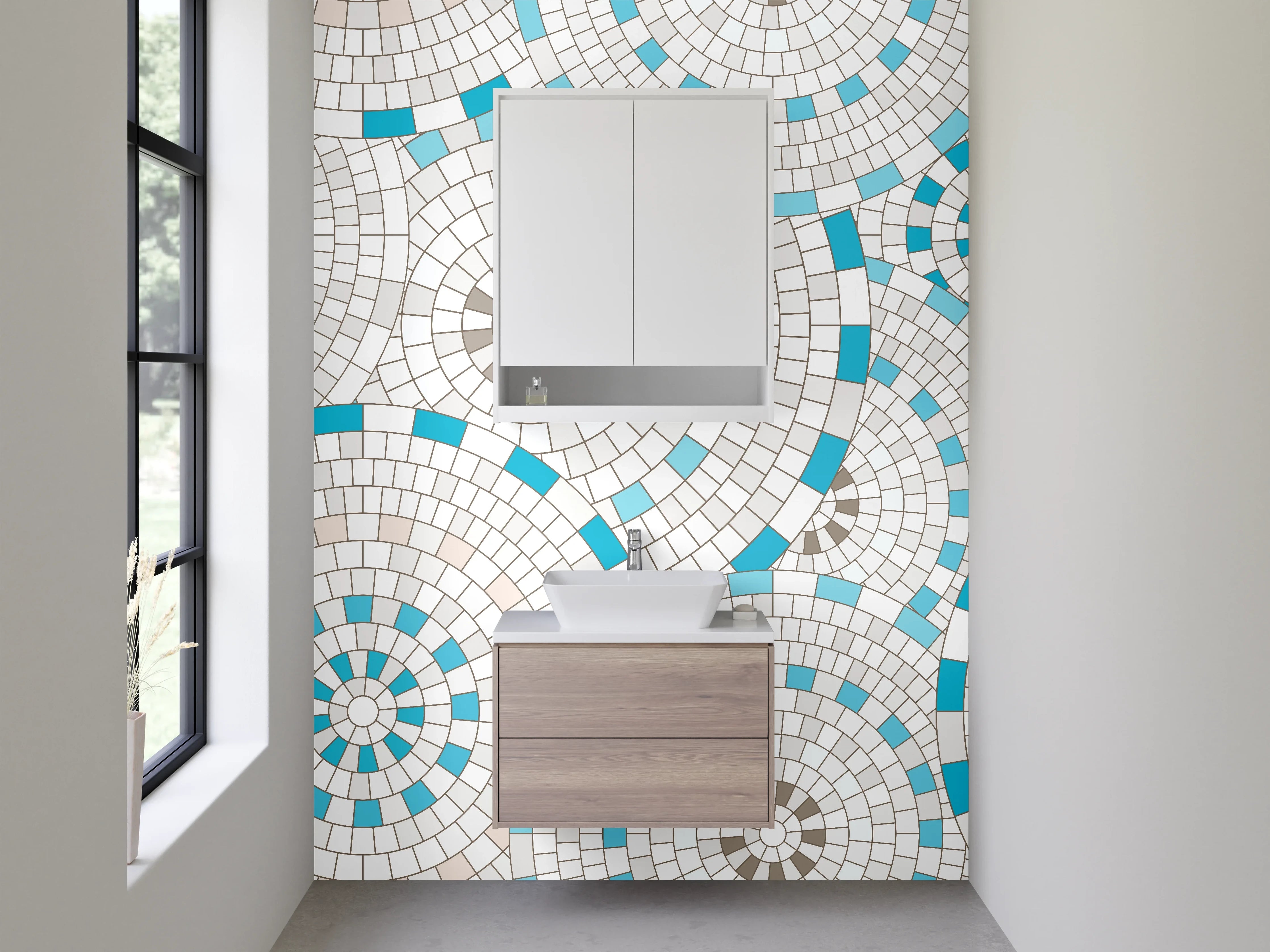 Waschbecken-Rückwand - Modernes Mosaikmuster in Weiß und Türkis