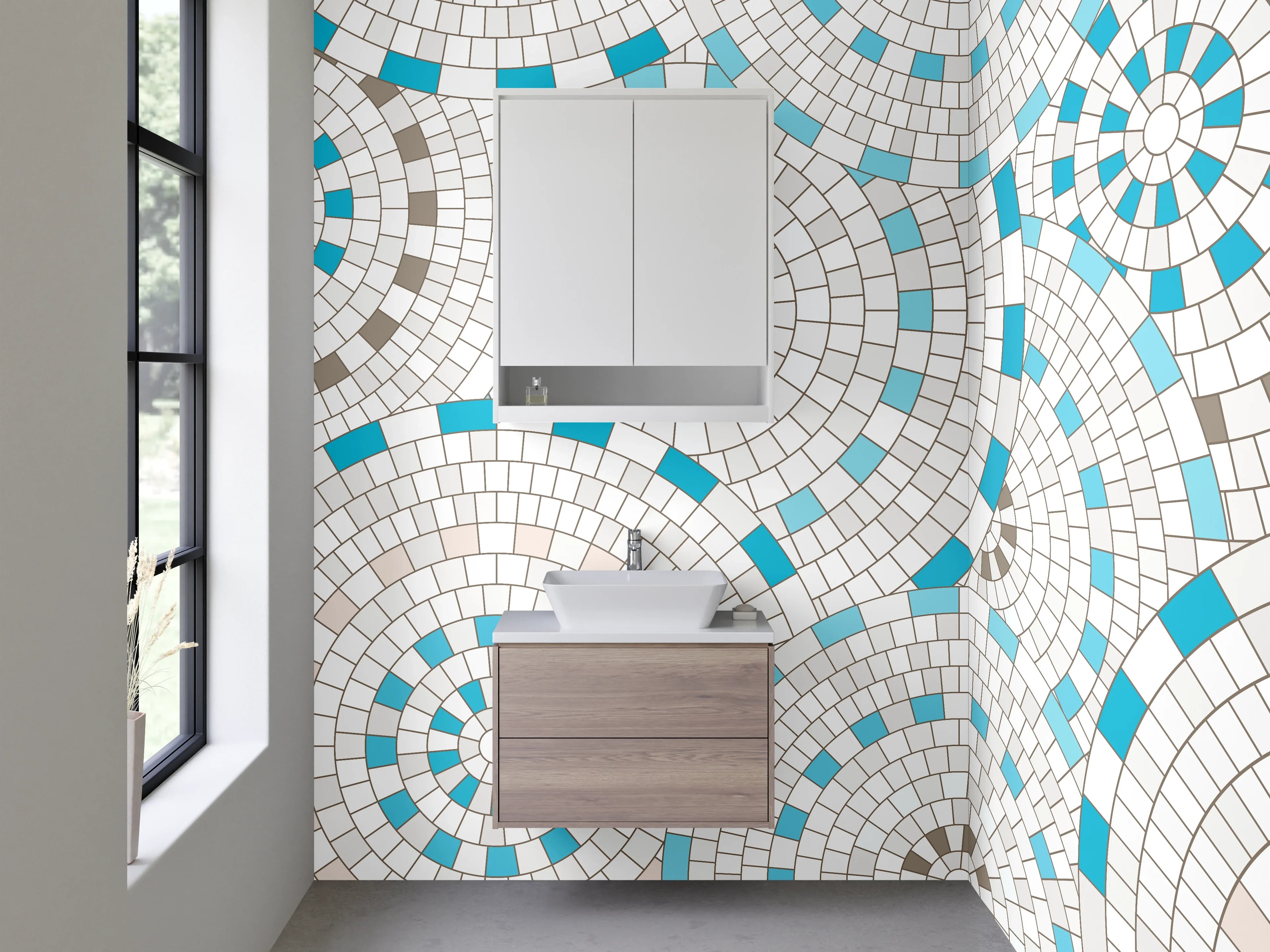 Waschbecken-Rückwand - Modernes Mosaikmuster in Weiß und Türkis