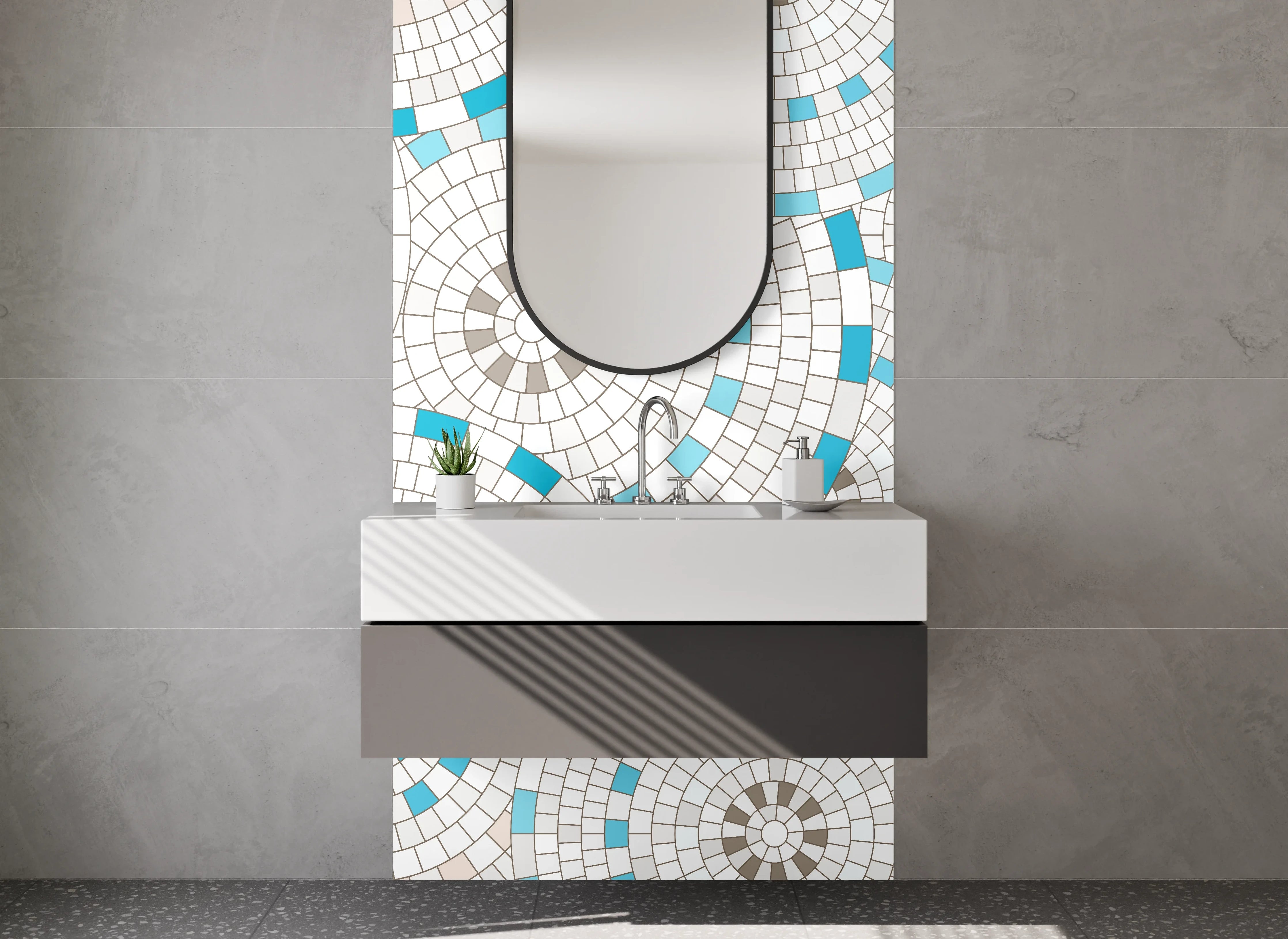 Waschbecken-Rückwand - Modernes Mosaikmuster in Weiß und Türkis