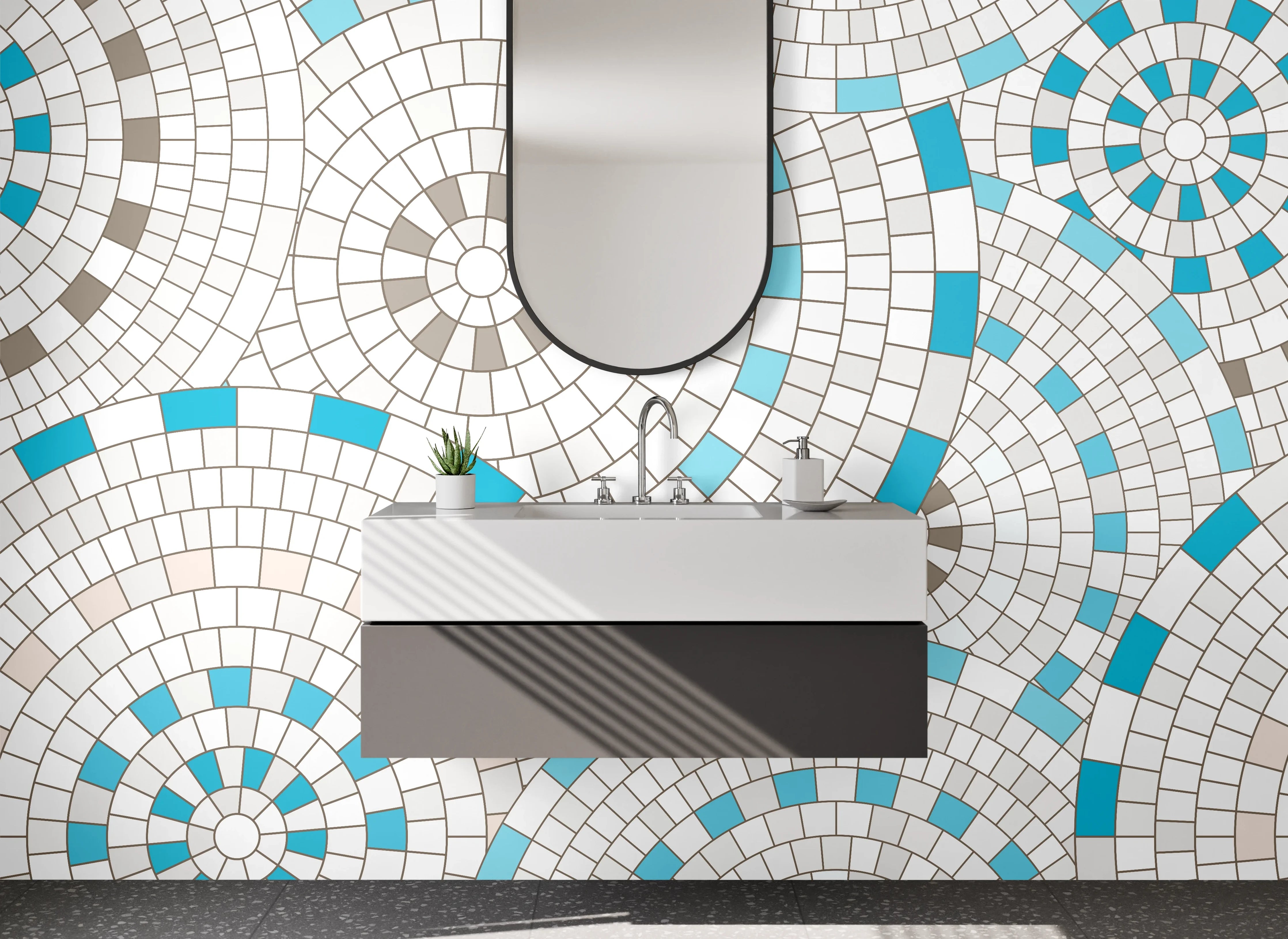 Waschbecken-Rückwand - Modernes Mosaikmuster in Weiß und Türkis