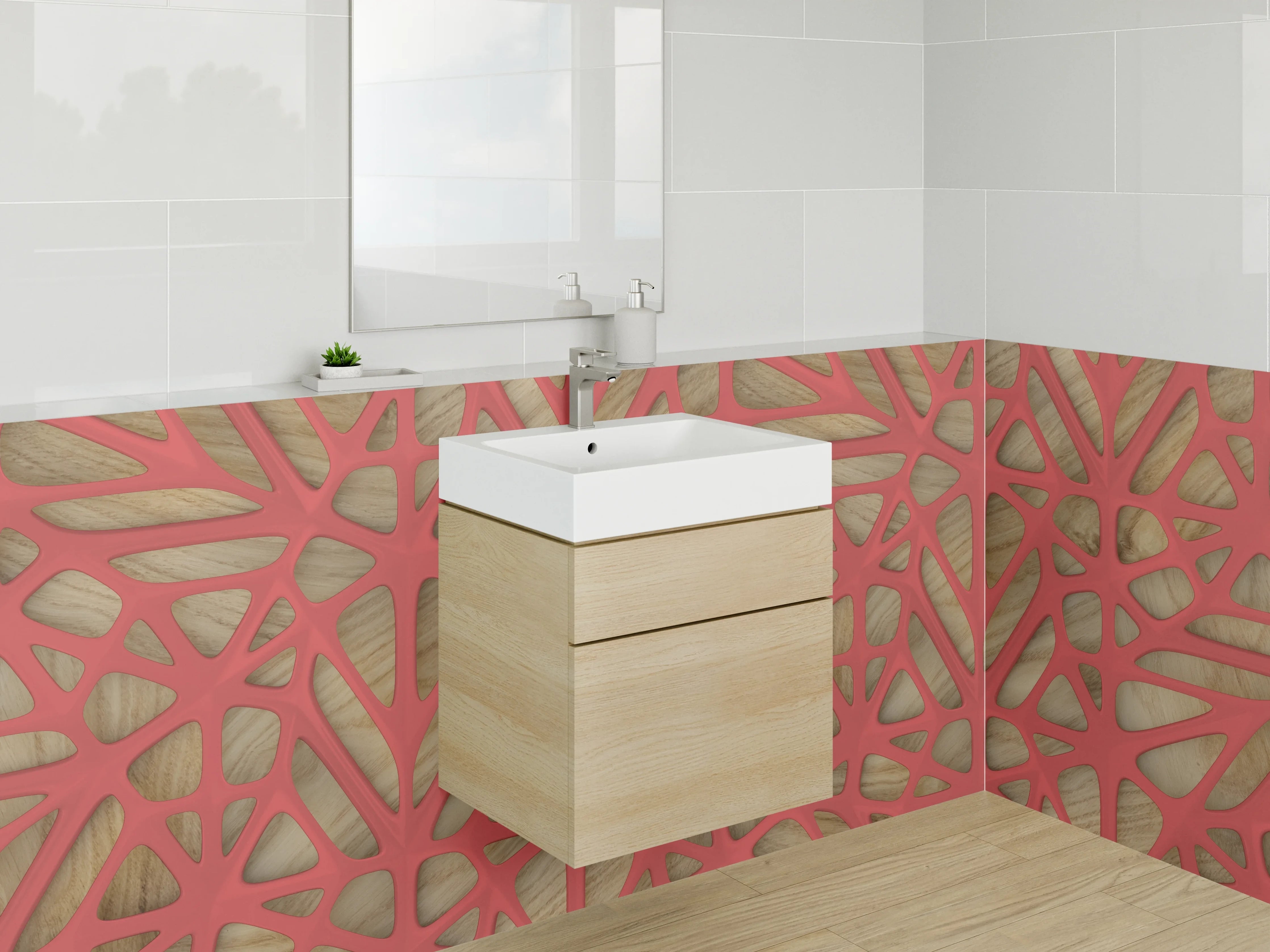 Waschbecken-Rückwand - Modernes Netzwerkmuster Holz Rot