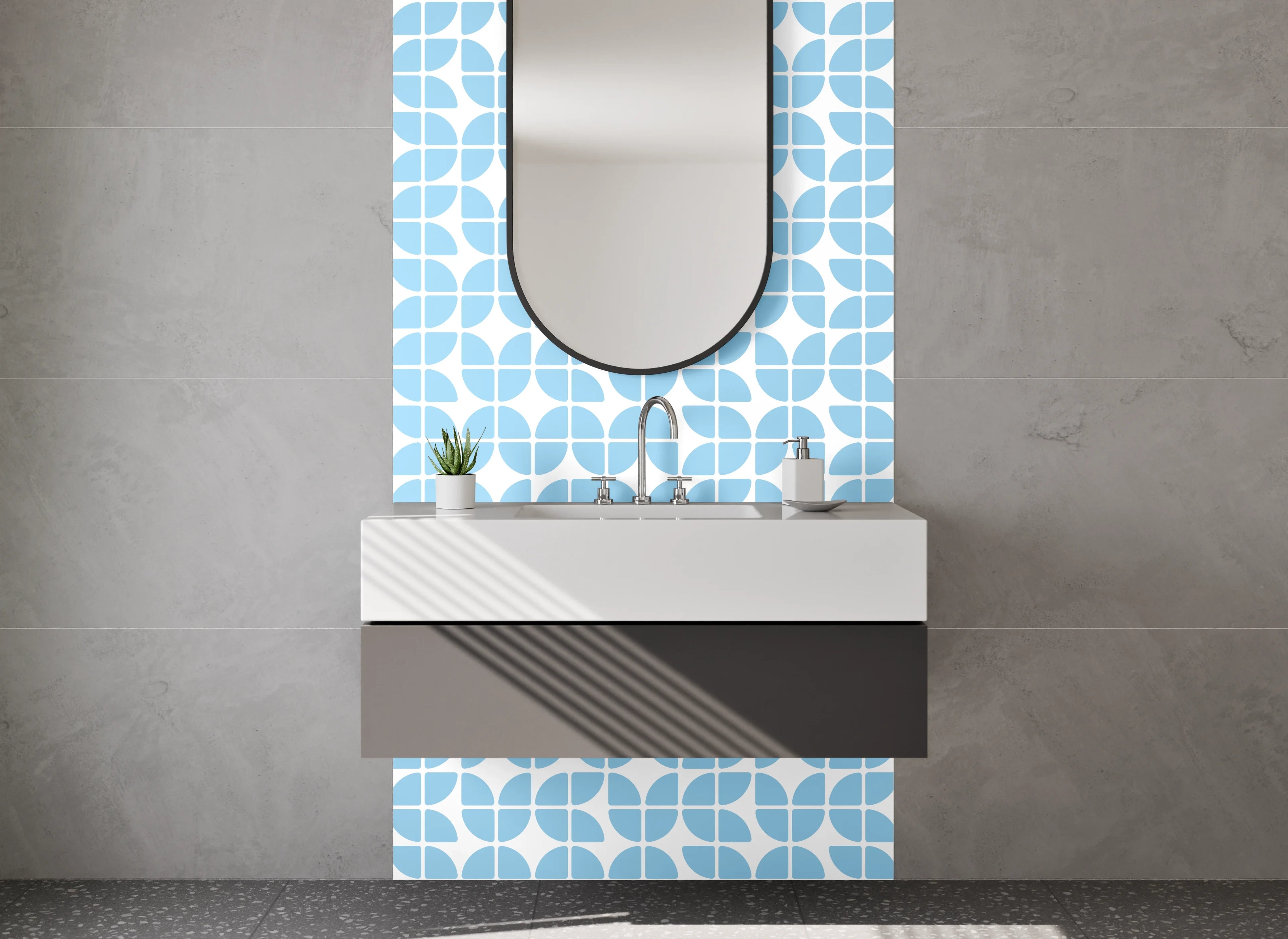 Waschbecken-Rückwand - Modernes Retro Mosaik blau-weiß