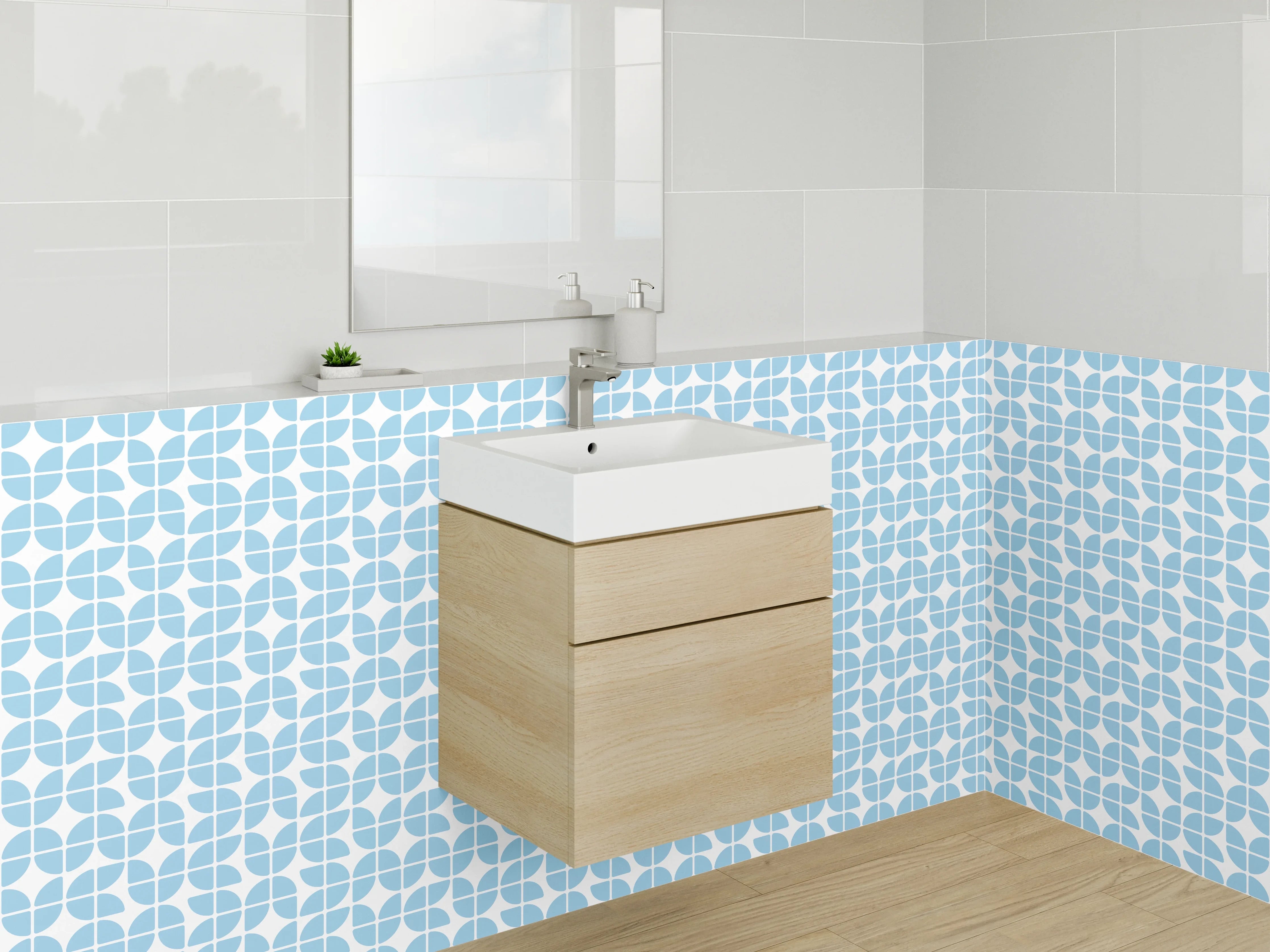 Waschbecken-Rückwand - Modernes Retro Mosaik blau-weiß